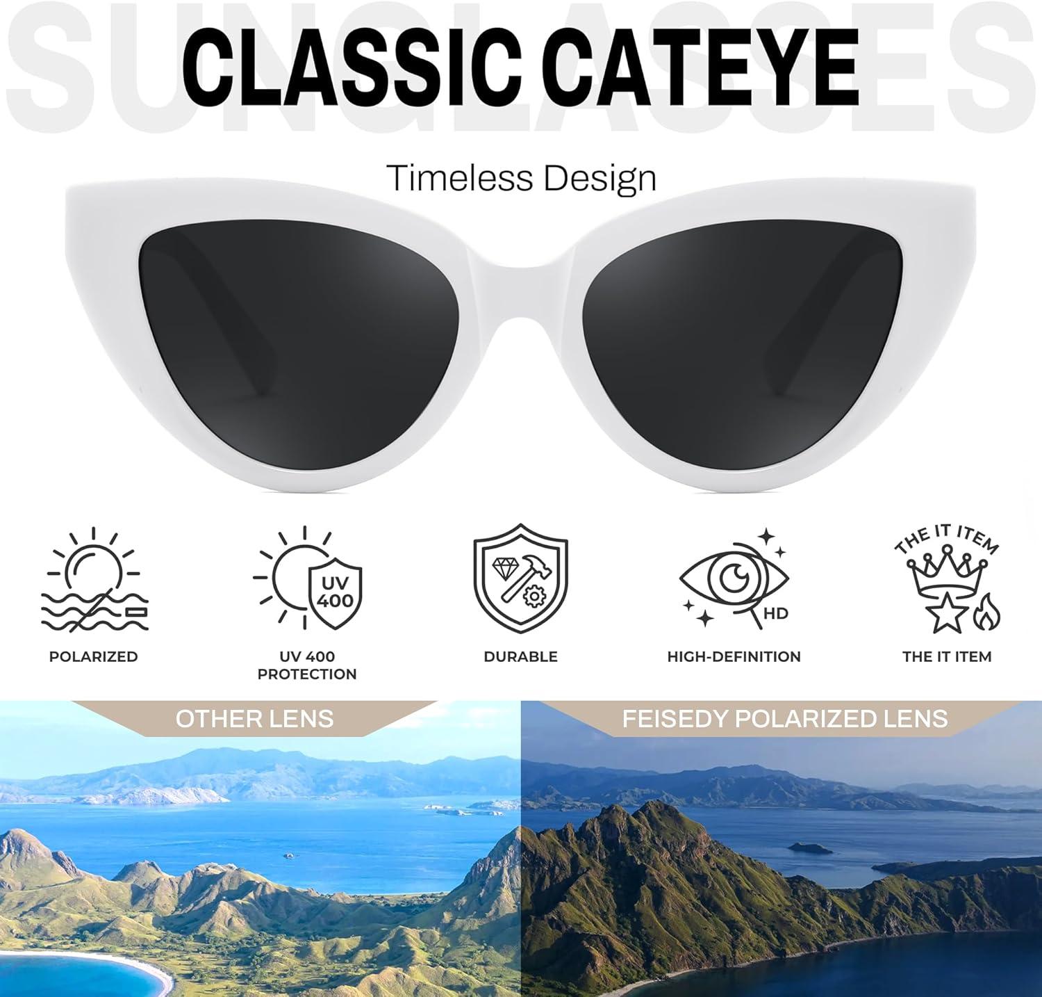 image:imageFEISEDY Cat eye Sunglasses with Polarized and UV400 Protection for Women Retro Stylish for Driving Fishing and Party B0428White Frame Grey Lens