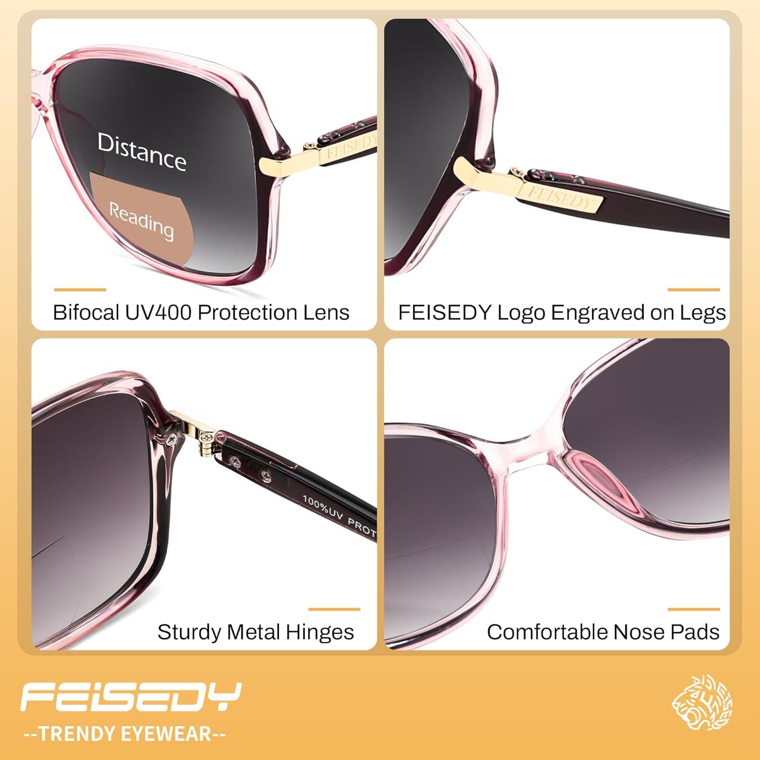 image:imageFEISEDY Women Bifocal Sunglasses Reader Butterfly Sun Reader Fashion Outdoor Reading Glasses UV400 Protection B0351Gradual Purple Pink