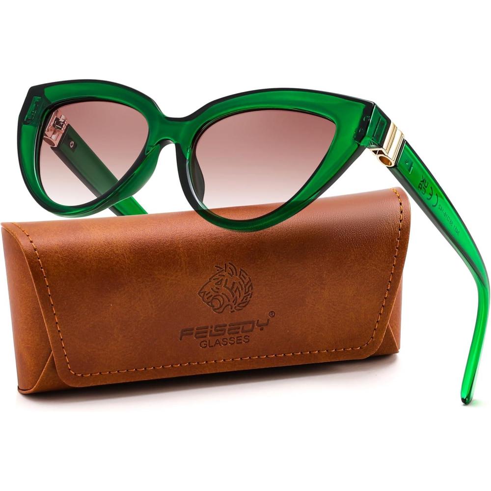 image:imageFEISEDY Cat eye Sunglasses with Polarized and UV400 Protection for Women Retro Stylish for Driving Fishing and Party B0428Green Frame Gradient Red Brown Lens