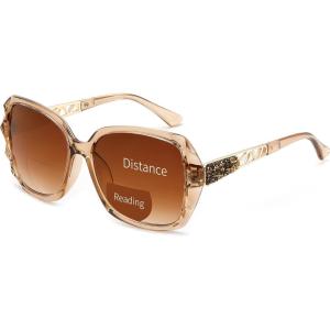 FEISEDY Bifocal Sunglasses Reader for Women, Oversized Butterfly Sun Readers with Blue Light Blocking UV400 Protection B0353(Champagne)