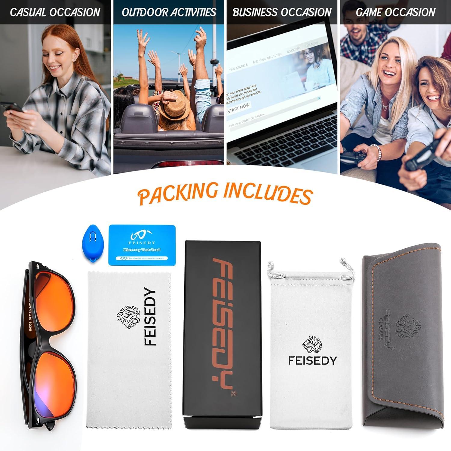 image:imageFEISEDY OrangeRed Classic Blue Light Blocking Glasses for Women Men Gaming Computer Sleep Eyeglasses B0339Blackorange Lens