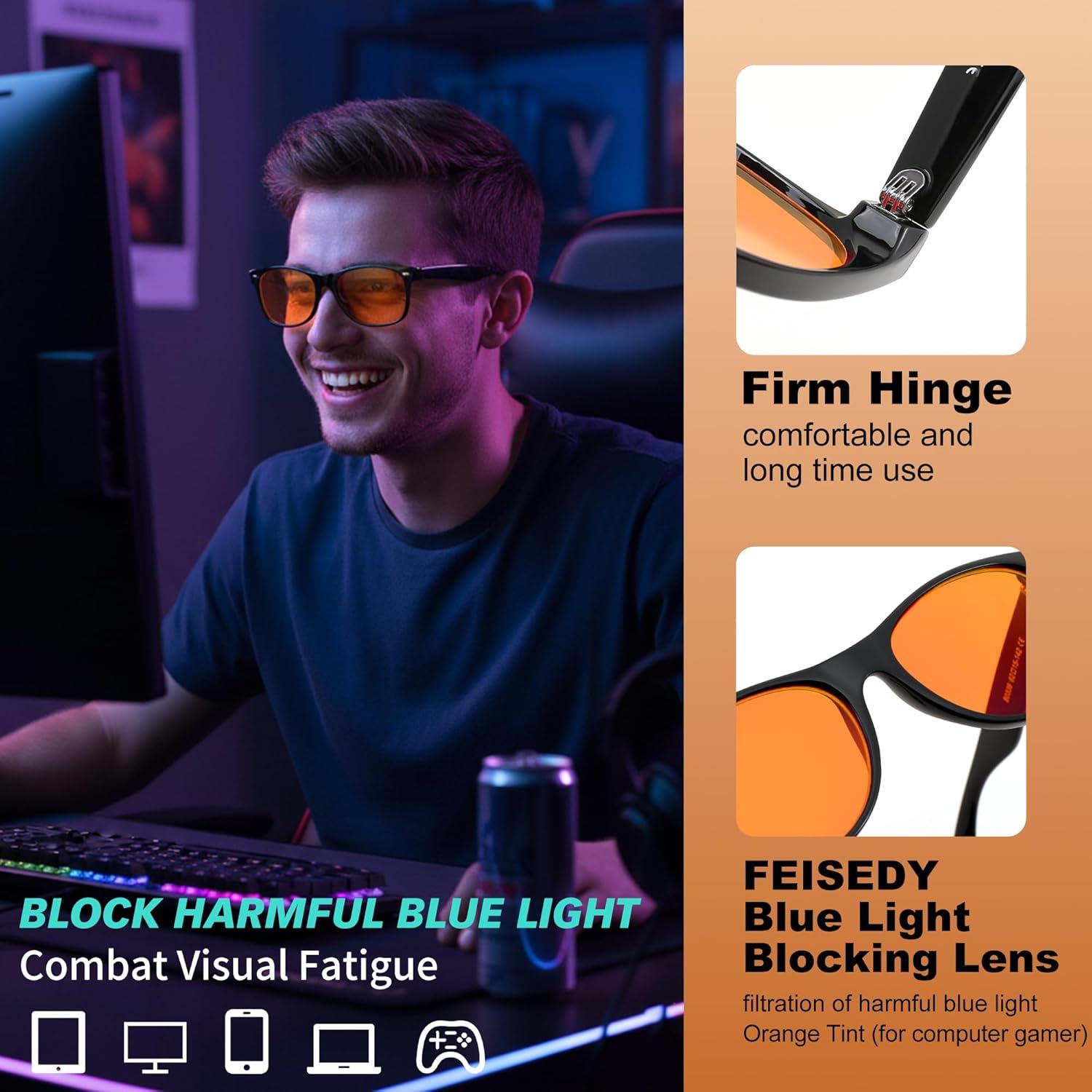 image:imageFEISEDY OrangeRed Classic Blue Light Blocking Glasses for Women Men Gaming Computer Sleep Eyeglasses B0339Blackorange Lens