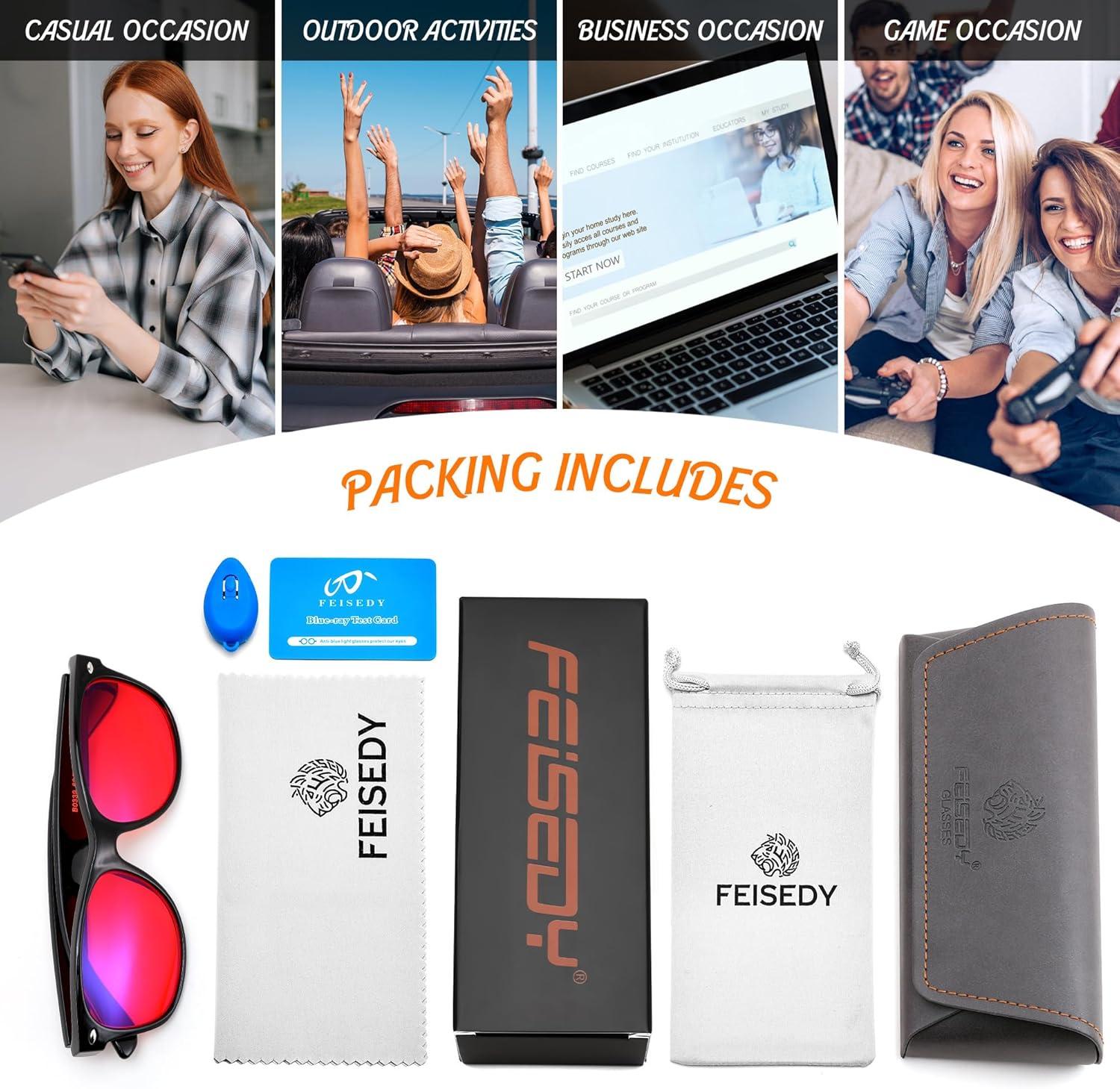 image:imageFEISEDY OrangeRed Classic Blue Light Blocking Glasses for Women Men Gaming Computer Sleep Eyeglasses B0339Blackred Lens