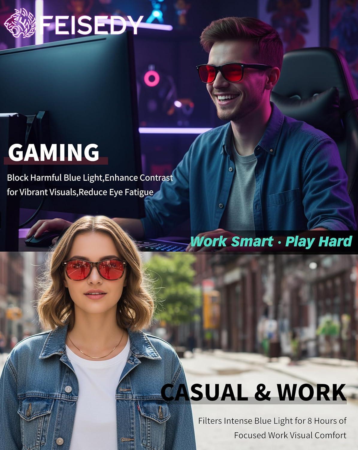 image:imageFEISEDY OrangeRed Classic Blue Light Blocking Glasses for Women Men Gaming Computer Sleep Eyeglasses B0339Blackred Lens