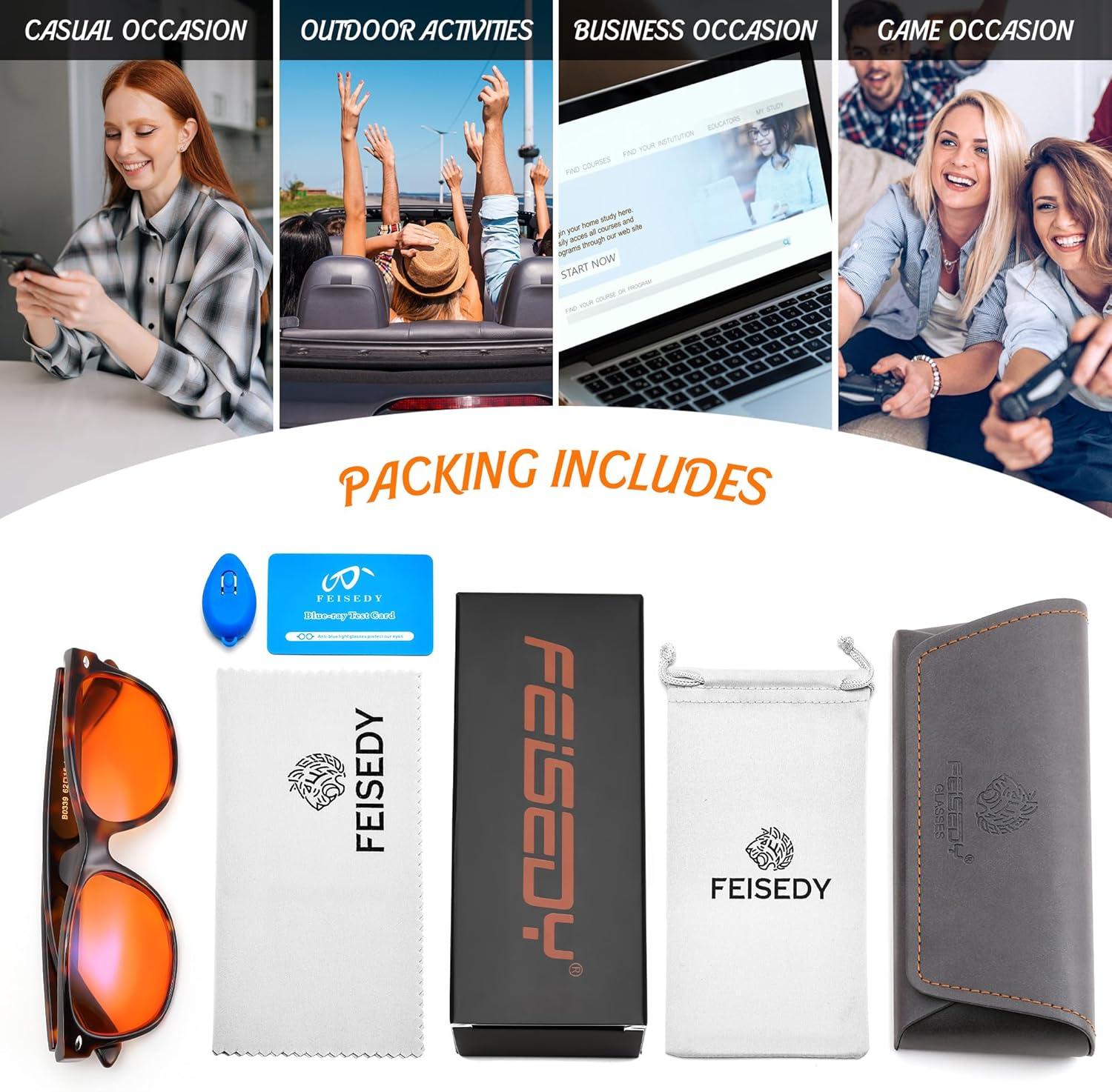 image:imageFEISEDY OrangeRed Classic Blue Light Blocking Glasses for Women Men Gaming Computer Sleep Eyeglasses B0339Tortoiseorange Lens