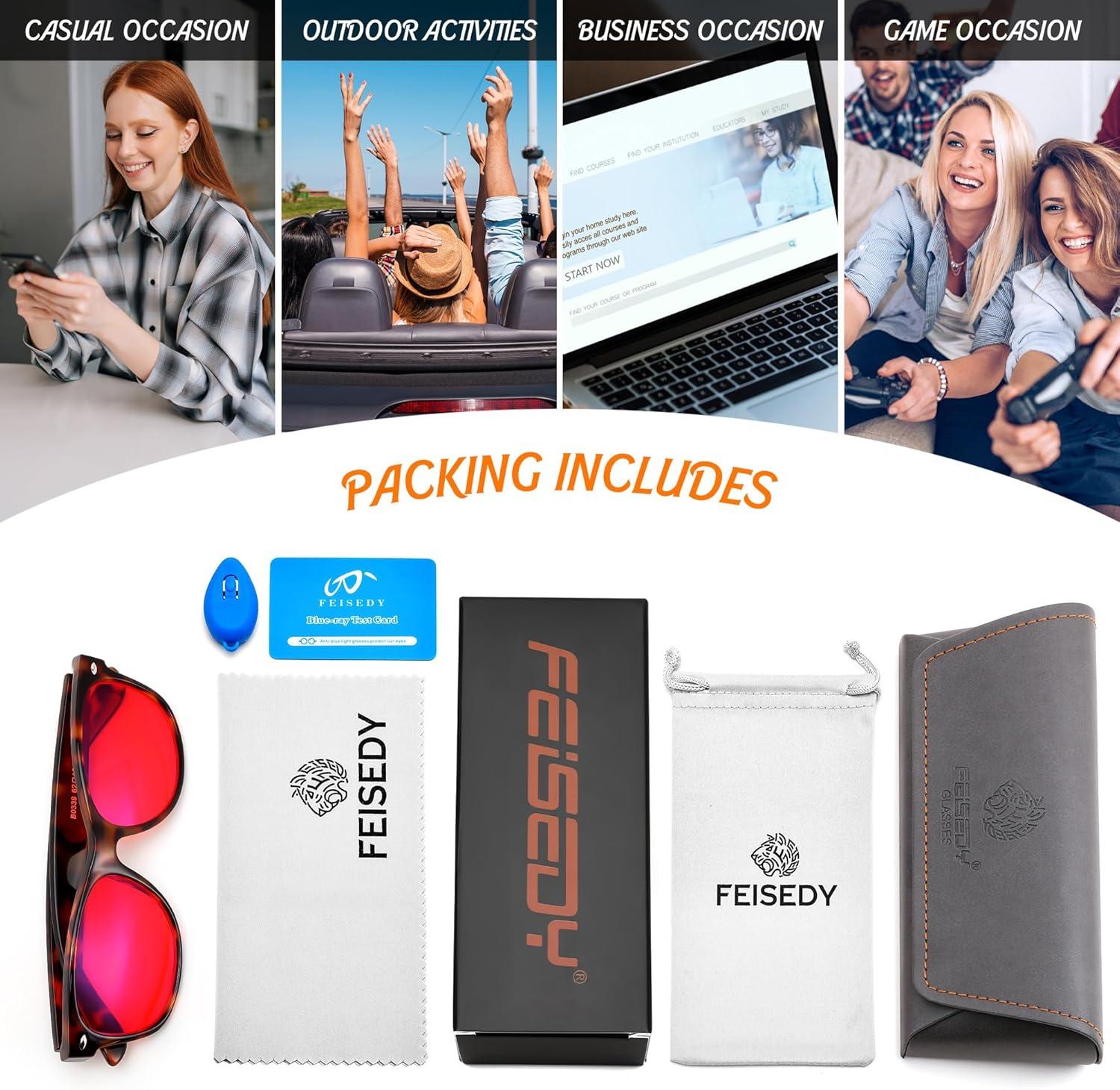 image:imageFEISEDY OrangeRed Classic Blue Light Blocking Glasses for Women Men Gaming Computer Sleep Eyeglasses B0339Tortoisered Lens