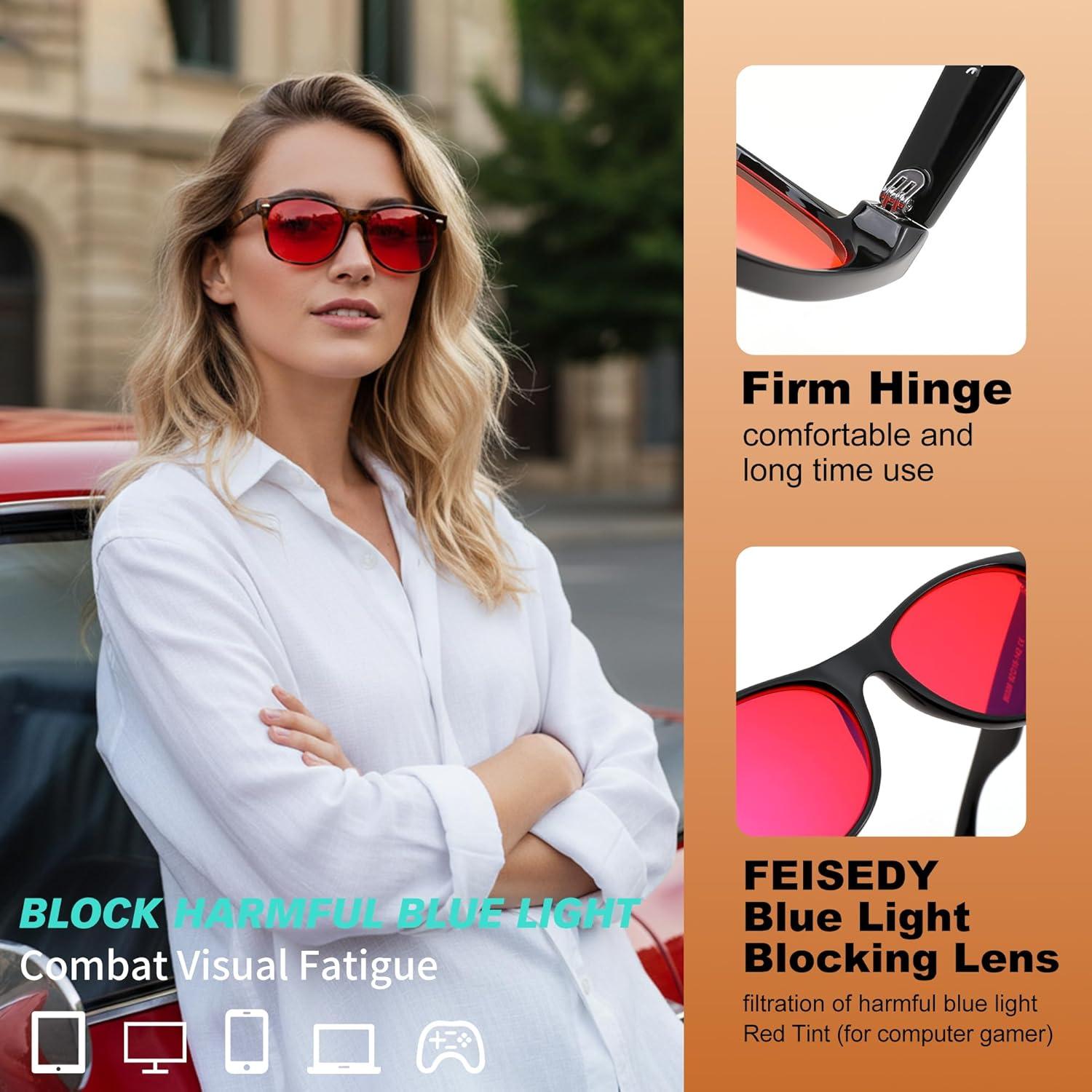 image:imageFEISEDY OrangeRed Classic Blue Light Blocking Glasses for Women Men Gaming Computer Sleep Eyeglasses B0339Tortoisered Lens