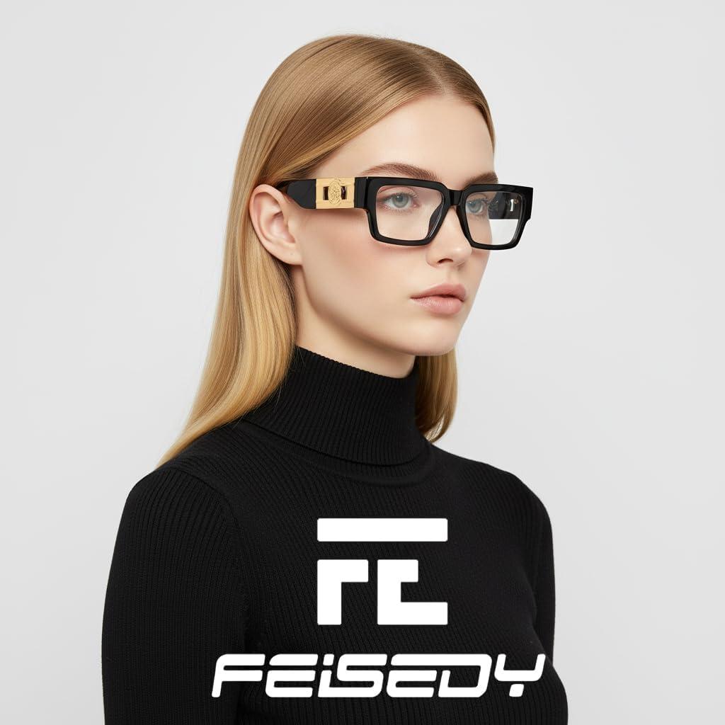 image:imageFEISEDY Retro Trendy Rectangle Blue Light Glasses for Women Men Classic Narrow Square Eyewear Frame B0365Black