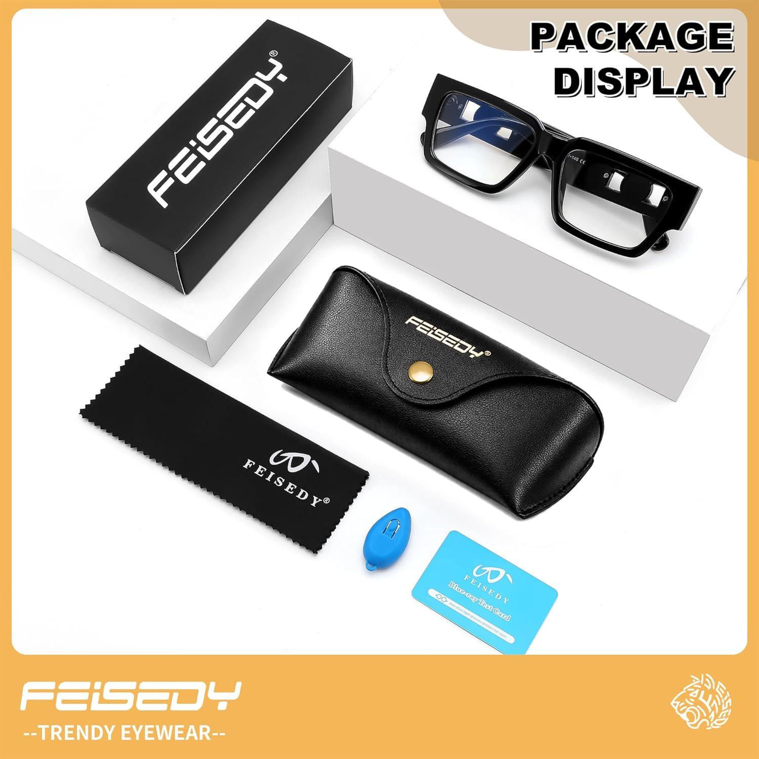 image:imageFEISEDY Retro Trendy Rectangle Blue Light Glasses for Women Men Classic Narrow Square Eyewear Frame B0365Black