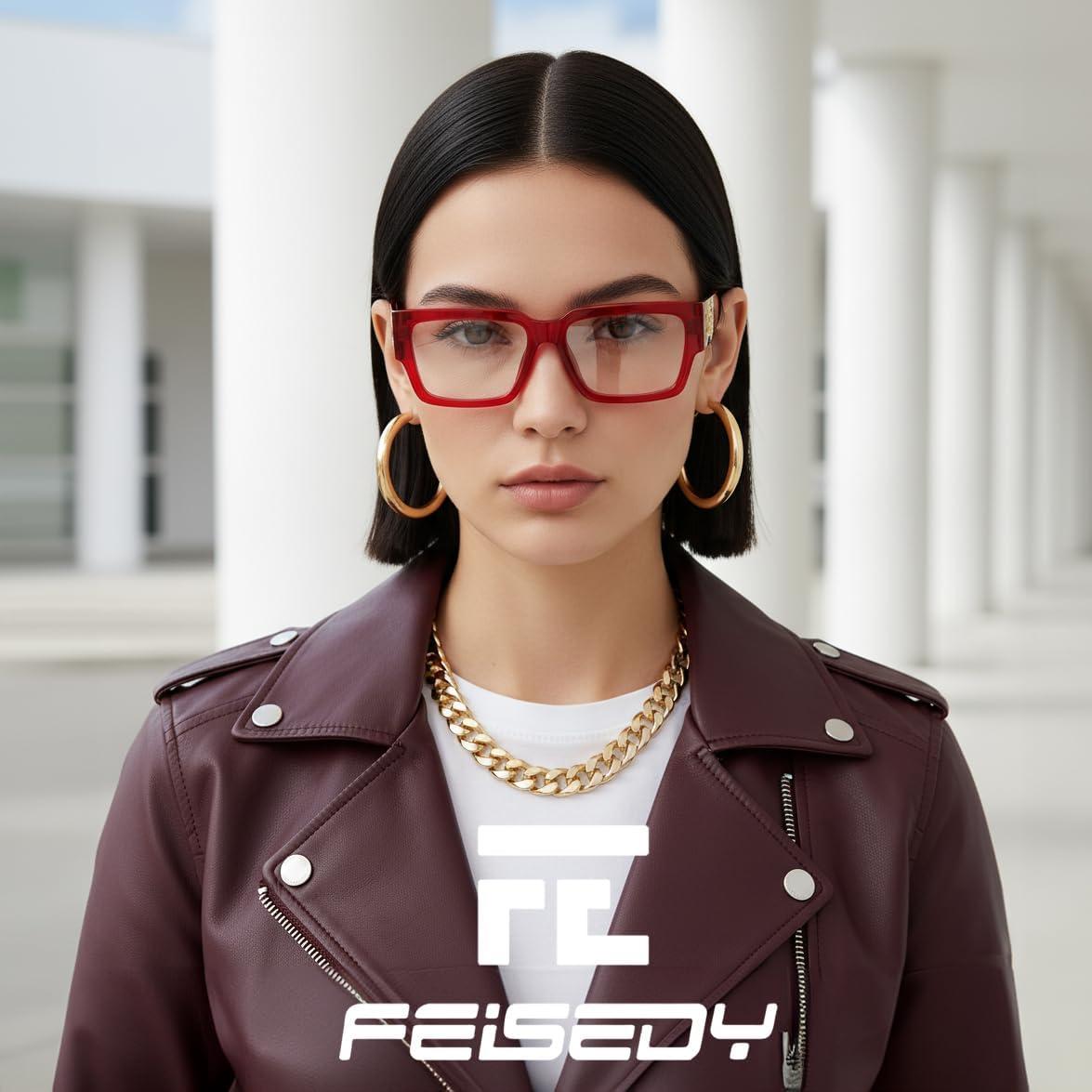 image:imageFEISEDY Retro Trendy Rectangle Blue Light Glasses for Women Men Classic Narrow Square Eyewear Frame B0365Transparent Red