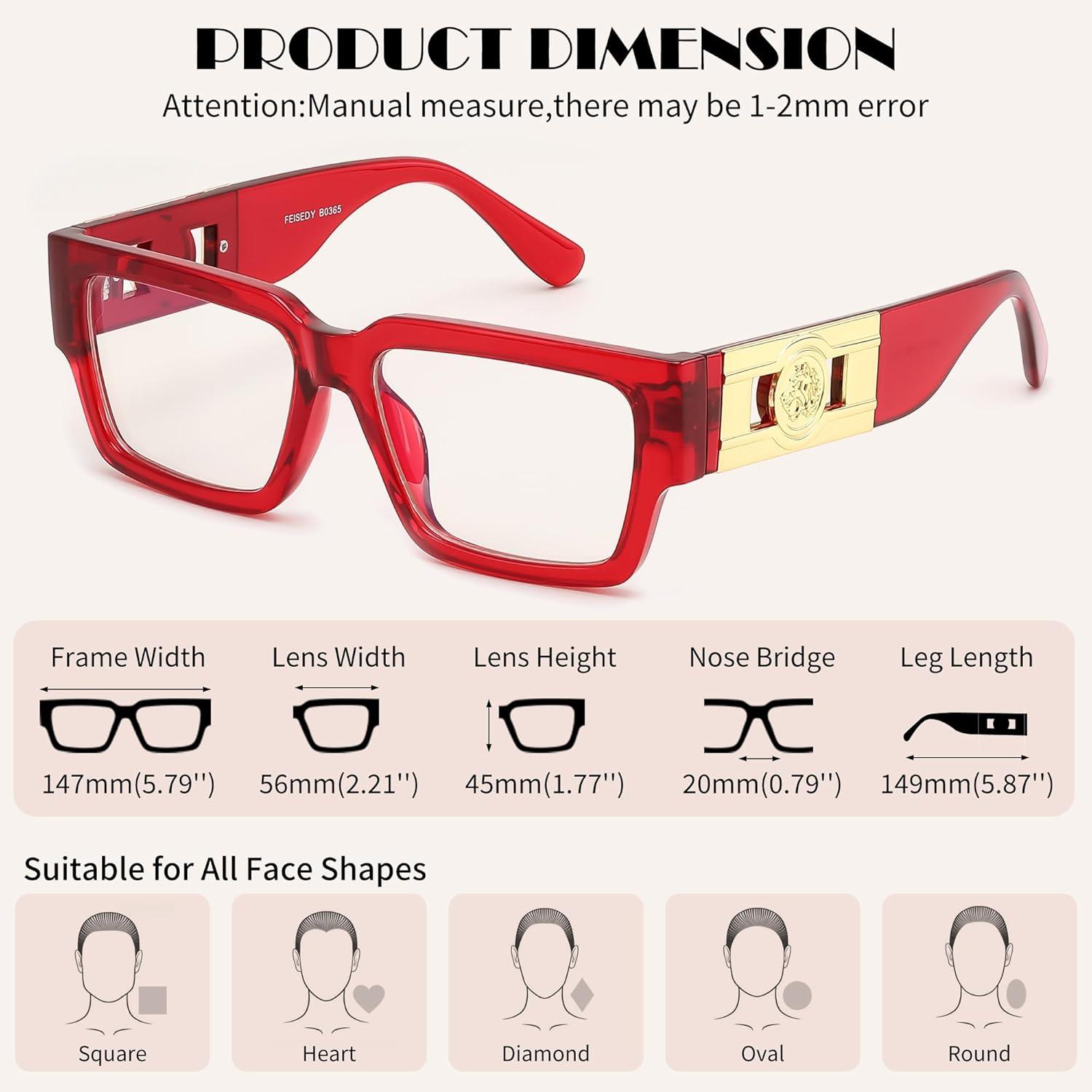 image:imageFEISEDY Retro Trendy Rectangle Blue Light Glasses for Women Men Classic Narrow Square Eyewear Frame B0365Transparent Red