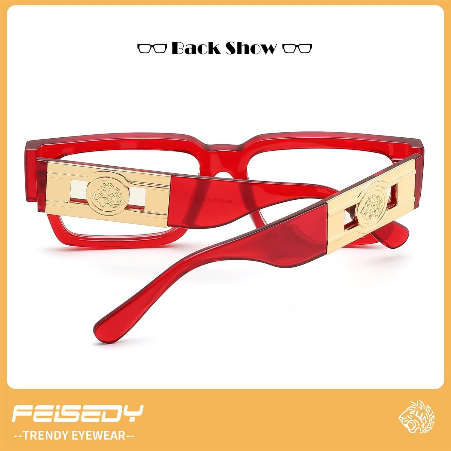 image:imageFEISEDY Retro Trendy Rectangle Blue Light Glasses for Women Men Classic Narrow Square Eyewear Frame B0365Transparent Red