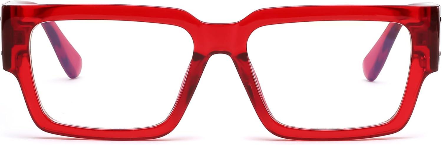 image:imageFEISEDY Retro Trendy Rectangle Blue Light Glasses for Women Men Classic Narrow Square Eyewear Frame B0365Transparent Red