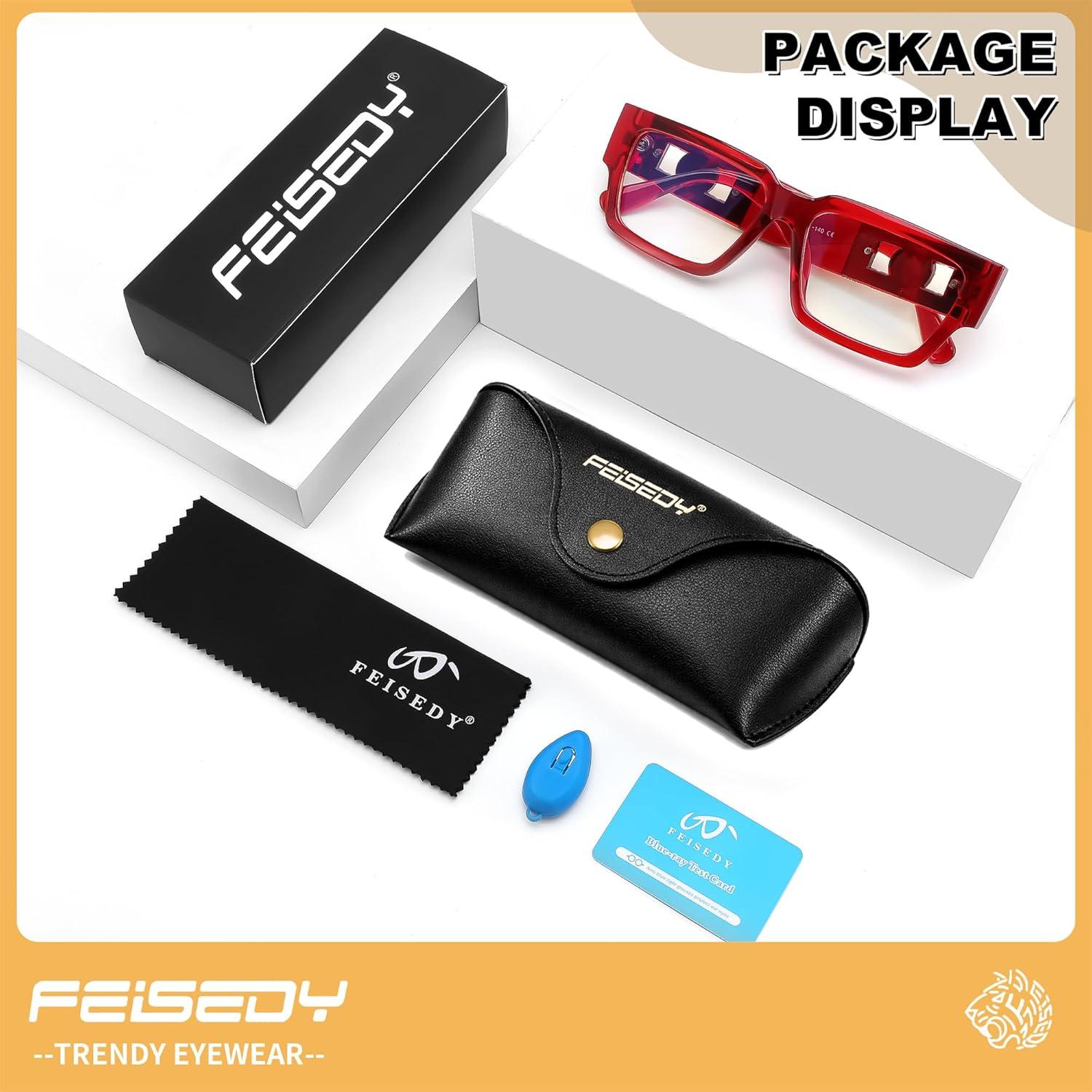 image:imageFEISEDY Retro Trendy Rectangle Blue Light Glasses for Women Men Classic Narrow Square Eyewear Frame B0365Transparent Red
