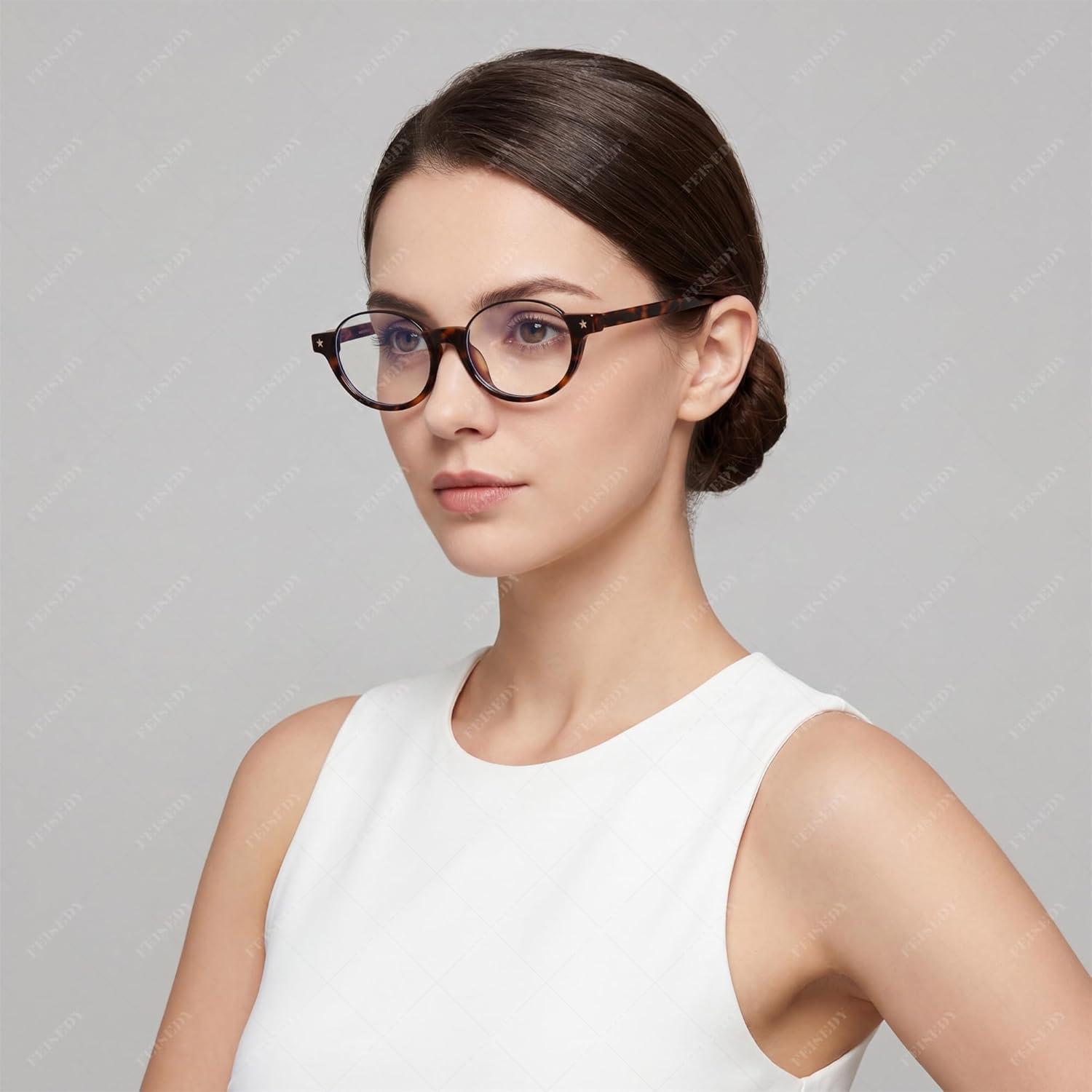 image:imageFEISEDY Trendy Oval Blue Light Glasses for Women Fake Nerd Eyewear Frame Anti Glare B1380Tortoise
