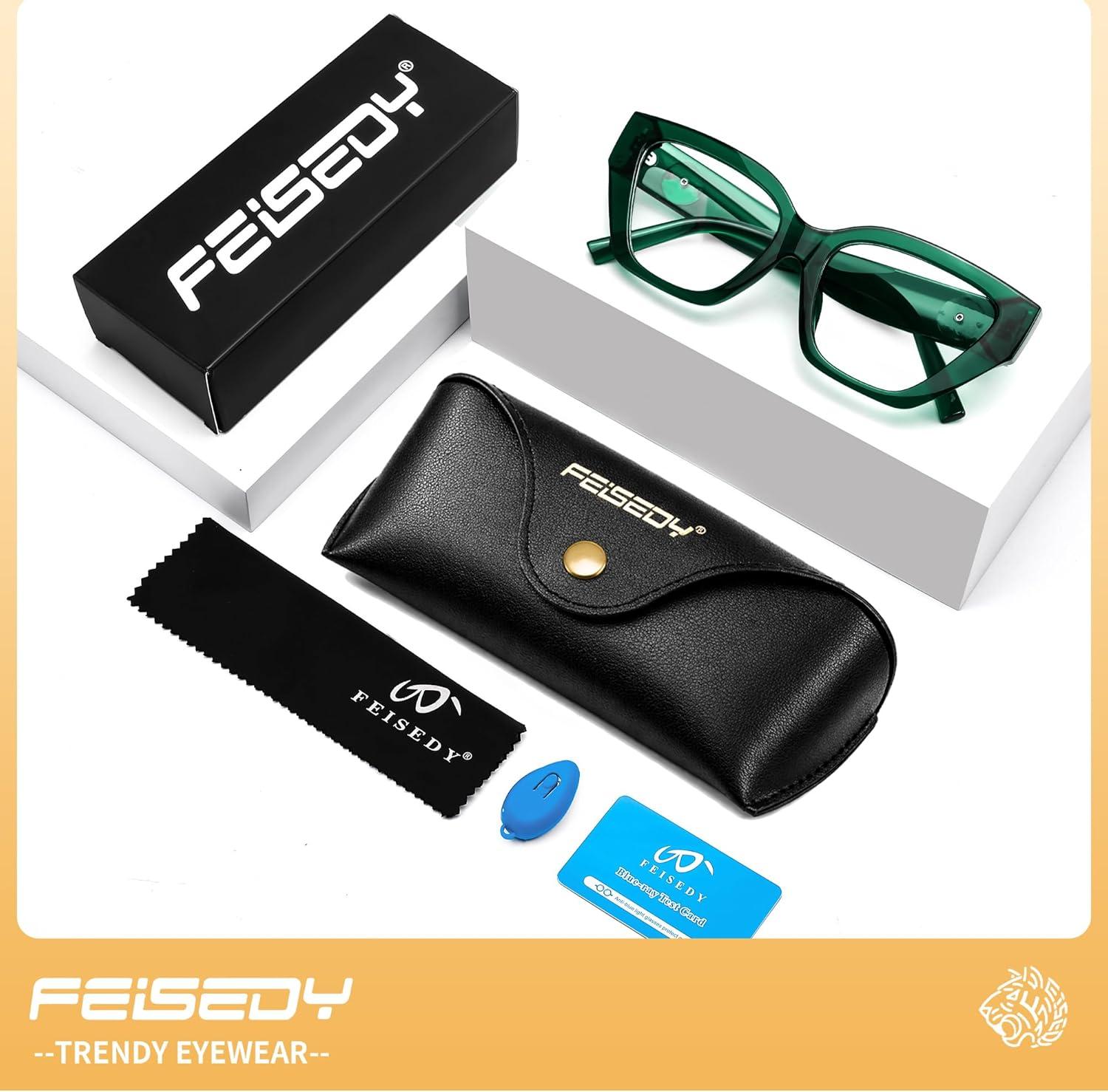 image:imageFEISEDY Women Cat Eye Blue Light Blocking Glasses Trendy Cateye Design for Daily Wear B0350Transparent Green