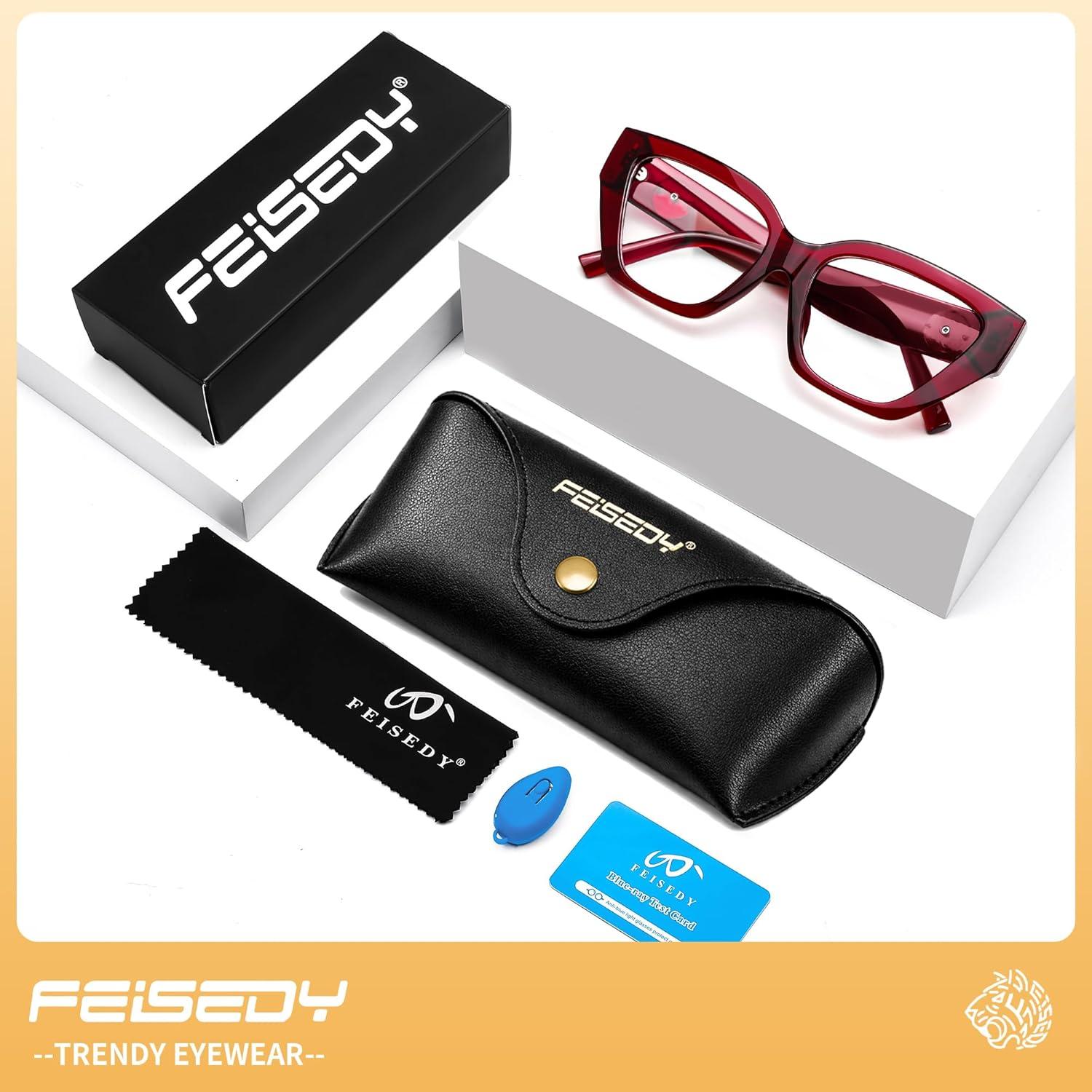 image:imageFEISEDY Women Cat Eye Blue Light Blocking Glasses Trendy Cateye Design for Daily Wear B0350Wine Red