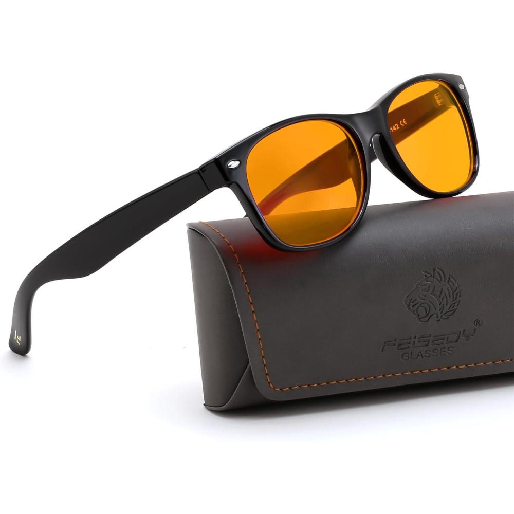 image:imageFEISEDY OrangeRed Classic Blue Light Blocking Glasses for Women Men Gaming Computer Sleep Eyeglasses B0339Blackorange Lens