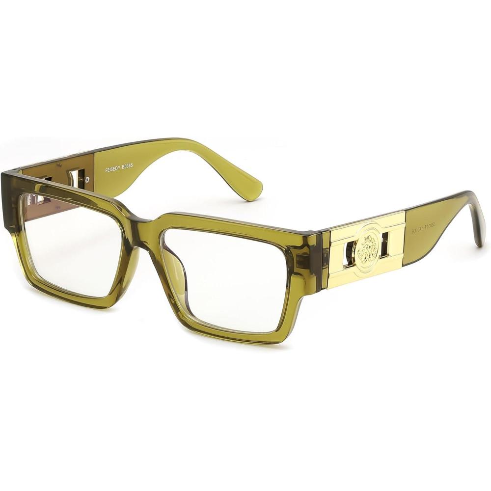 image:imageFEISEDY Retro Trendy Rectangle Blue Light Glasses for Women Men Classic Narrow Square Eyewear Frame B0365Transparent Green
