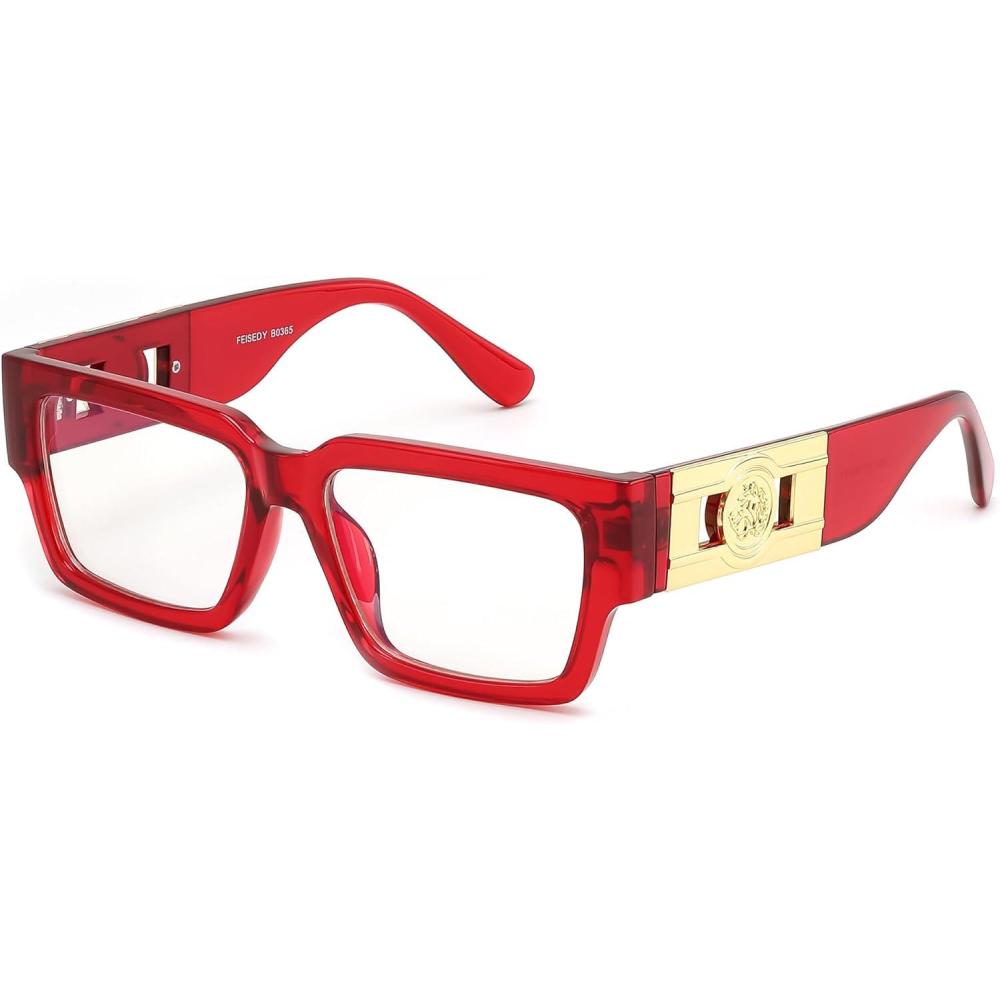 image:imageFEISEDY Retro Trendy Rectangle Blue Light Glasses for Women Men Classic Narrow Square Eyewear Frame B0365Transparent Red