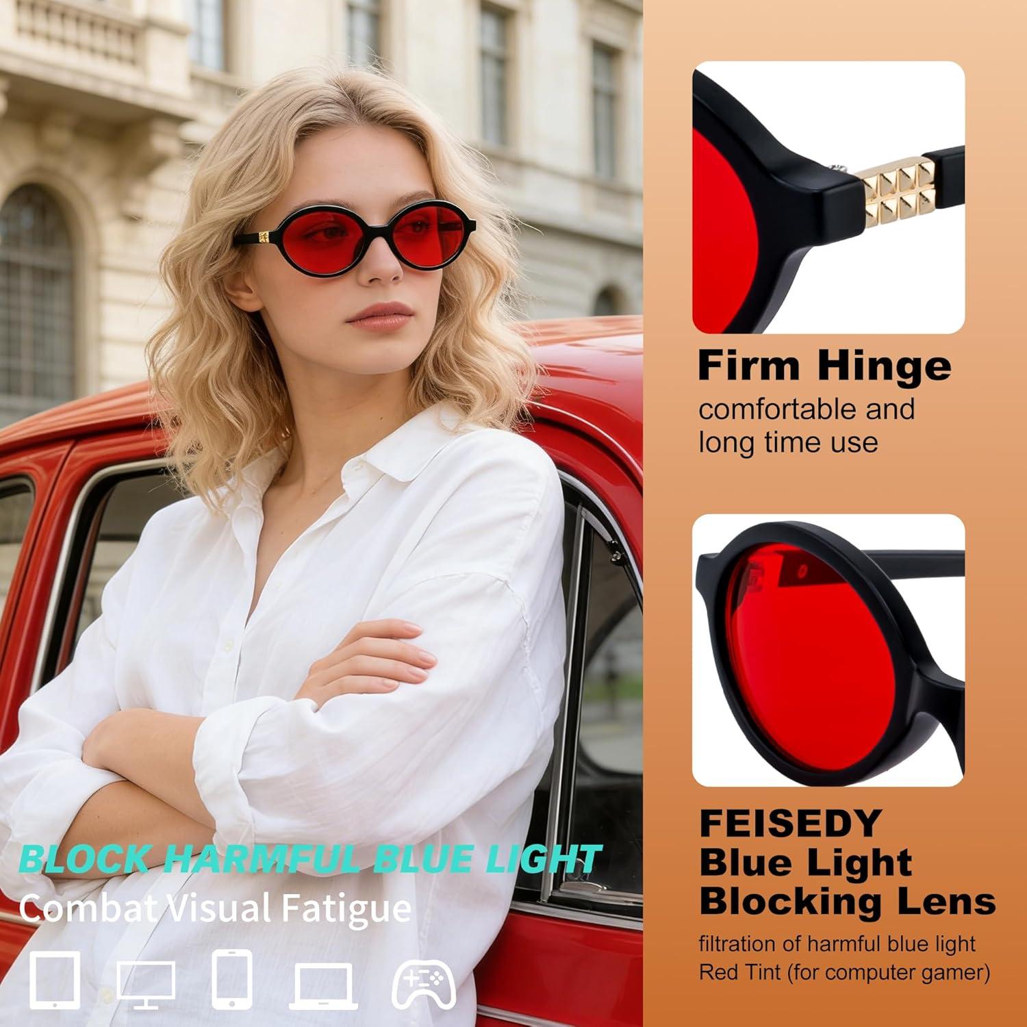 image:imageFEISEDY Oval Blue Light Glasses for Women Men Red Lens AntiBlue Light Fashion Computer Gaming Eyeglasses B0415Black Frame Red Lenese