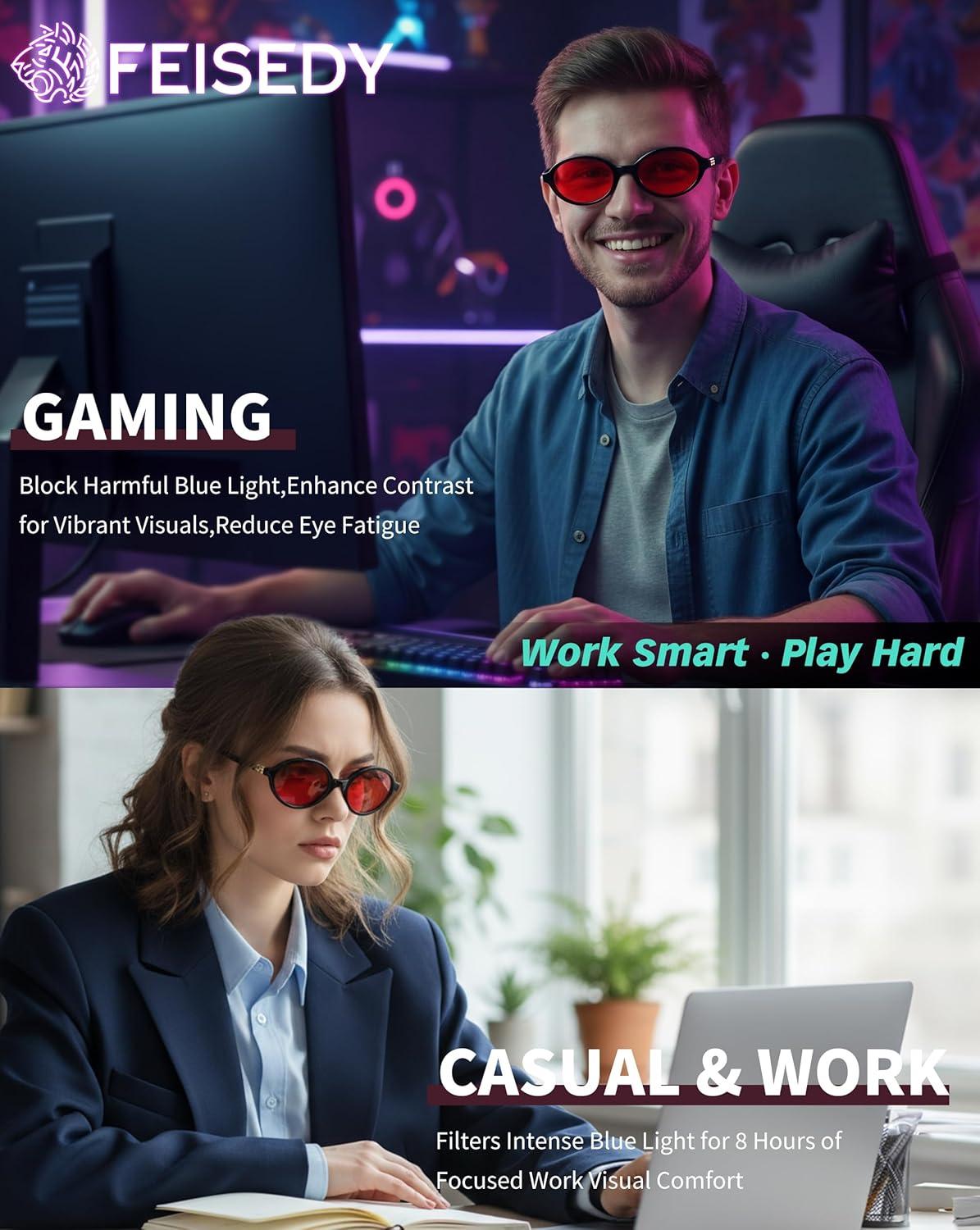 image:imageFEISEDY Oval Blue Light Glasses for Women Men Red Lens AntiBlue Light Fashion Computer Gaming Eyeglasses B0415Black Frame Red Lenese