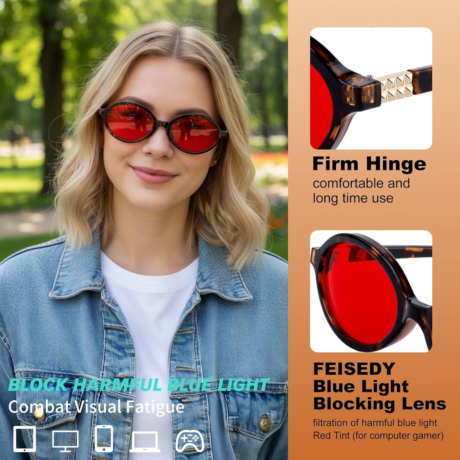 image:imageFEISEDY Oval Blue Light Glasses for Women Men Red Lens AntiBlue Light Fashion Computer Gaming Eyeglasses B0415Tortoise Frame Red Lenese