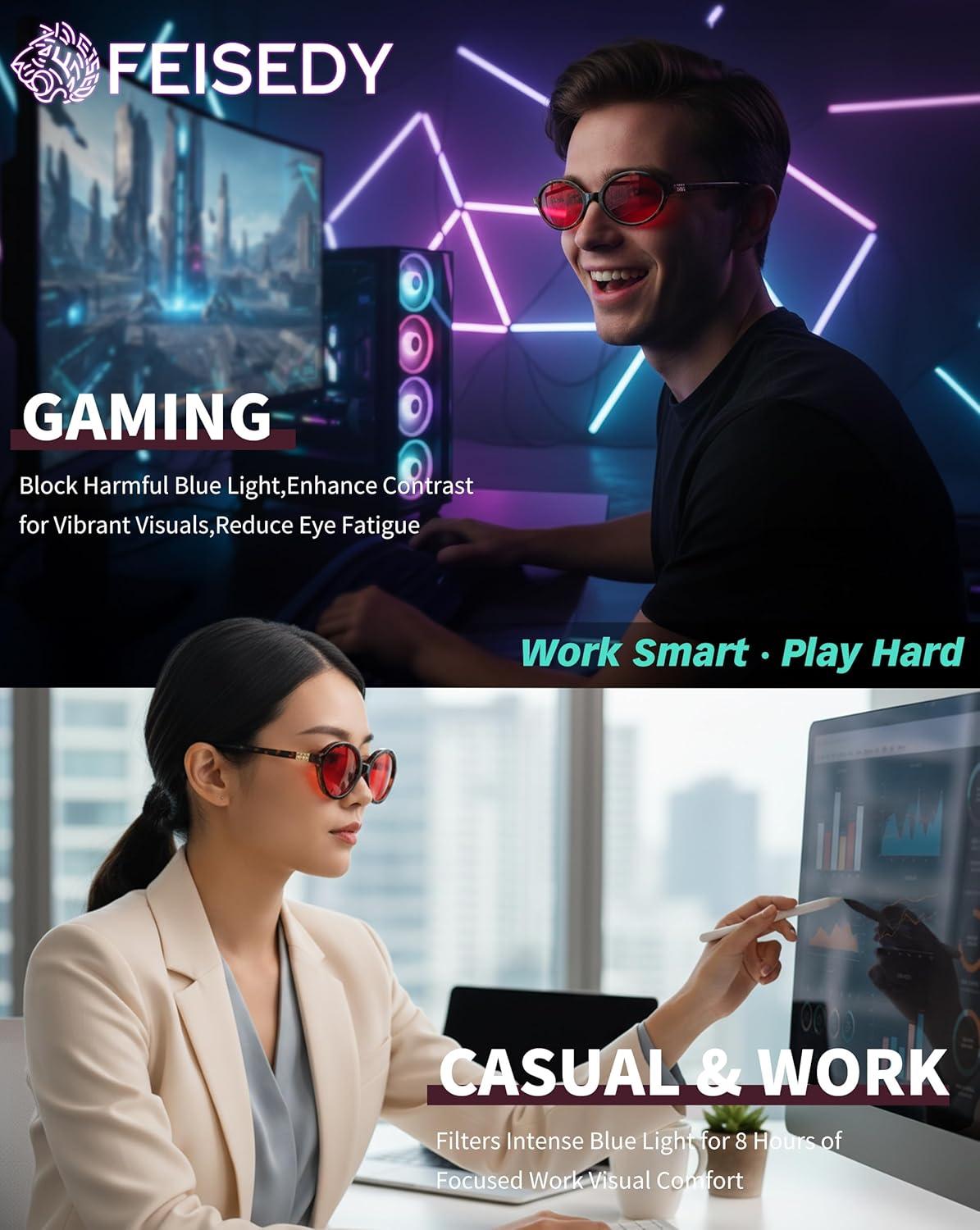 image:imageFEISEDY Oval Blue Light Glasses for Women Men Red Lens AntiBlue Light Fashion Computer Gaming Eyeglasses B0415Tortoise Frame Red Lenese