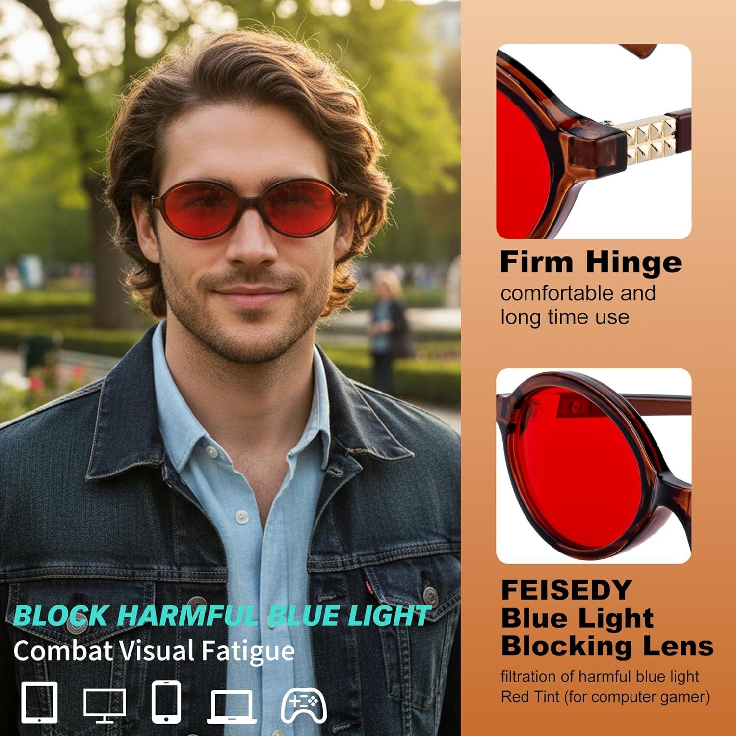 image:imageFEISEDY Oval Blue Light Glasses for Women Men Red Lens AntiBlue Light Fashion Computer Gaming Eyeglasses B0415Transparent Tea Frame Red Lenese
