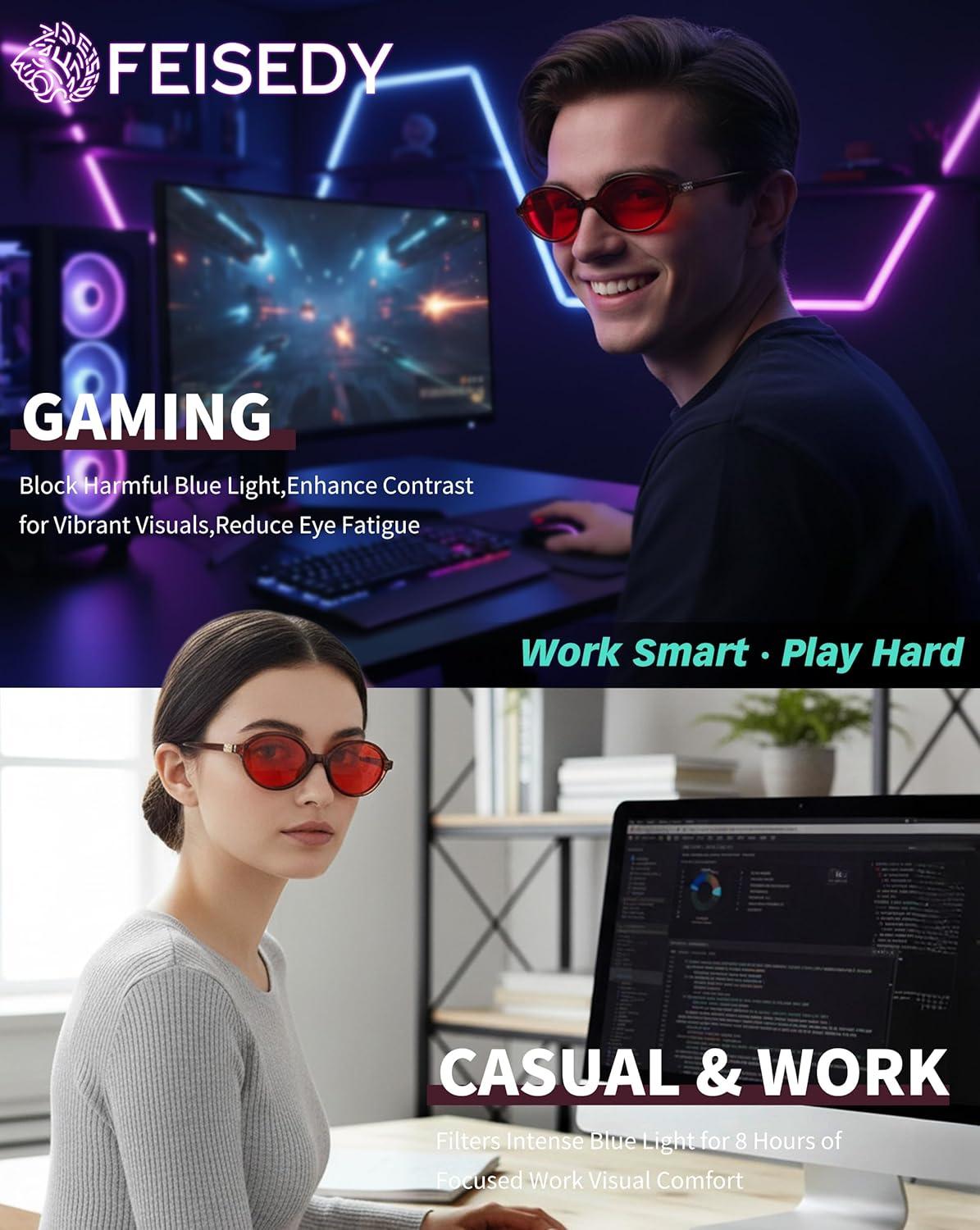 image:imageFEISEDY Oval Blue Light Glasses for Women Men Red Lens AntiBlue Light Fashion Computer Gaming Eyeglasses B0415Transparent Tea Frame Red Lenese