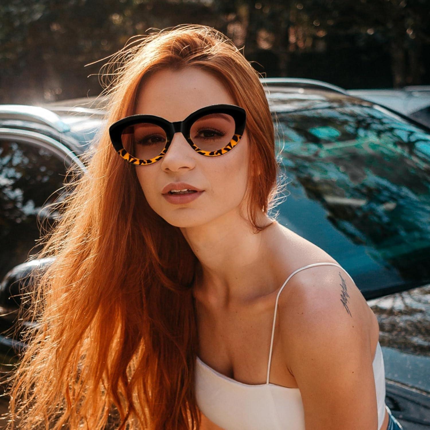 image:imageFEISEDY Oversized Cat Eye Sunglasses for Women Retro Thick Frame Oval Cateye Shades UV400 Sunnies B9068Black Leopard