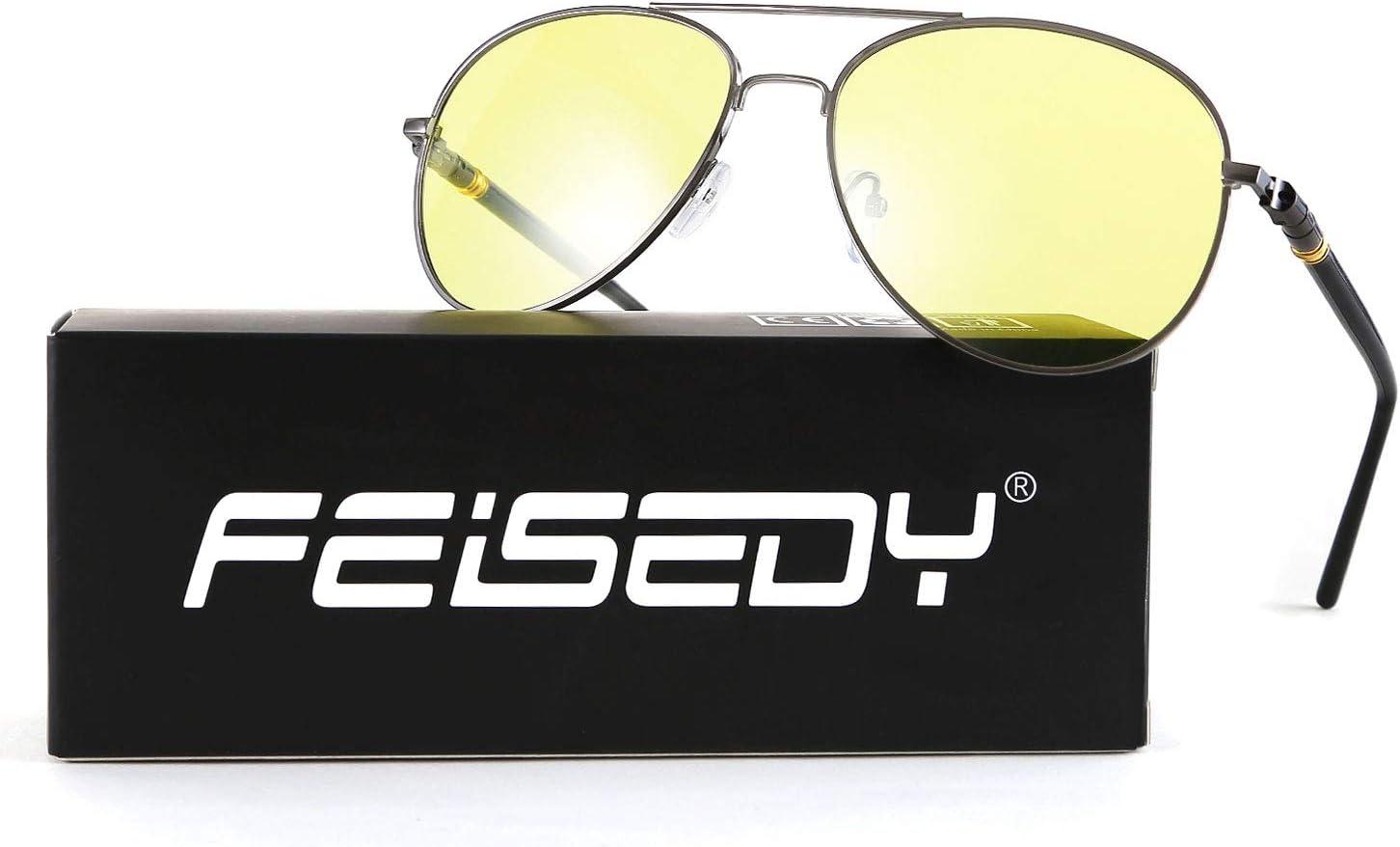 image:imageFEISEDY Aviator Polarized Night Driving Sunglasses Anti Glare Yellow Lens B266802 Grey Frame