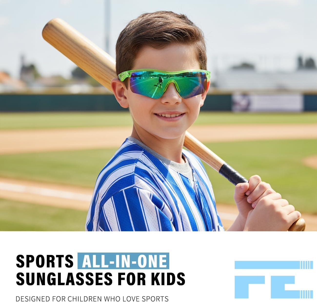 image:imageFEISEDY Kids Teens Baseball Polarized Sunglasses Sports TR90 Frame Boys Girls Cycling B24542pack White Bluetransparent Green Green