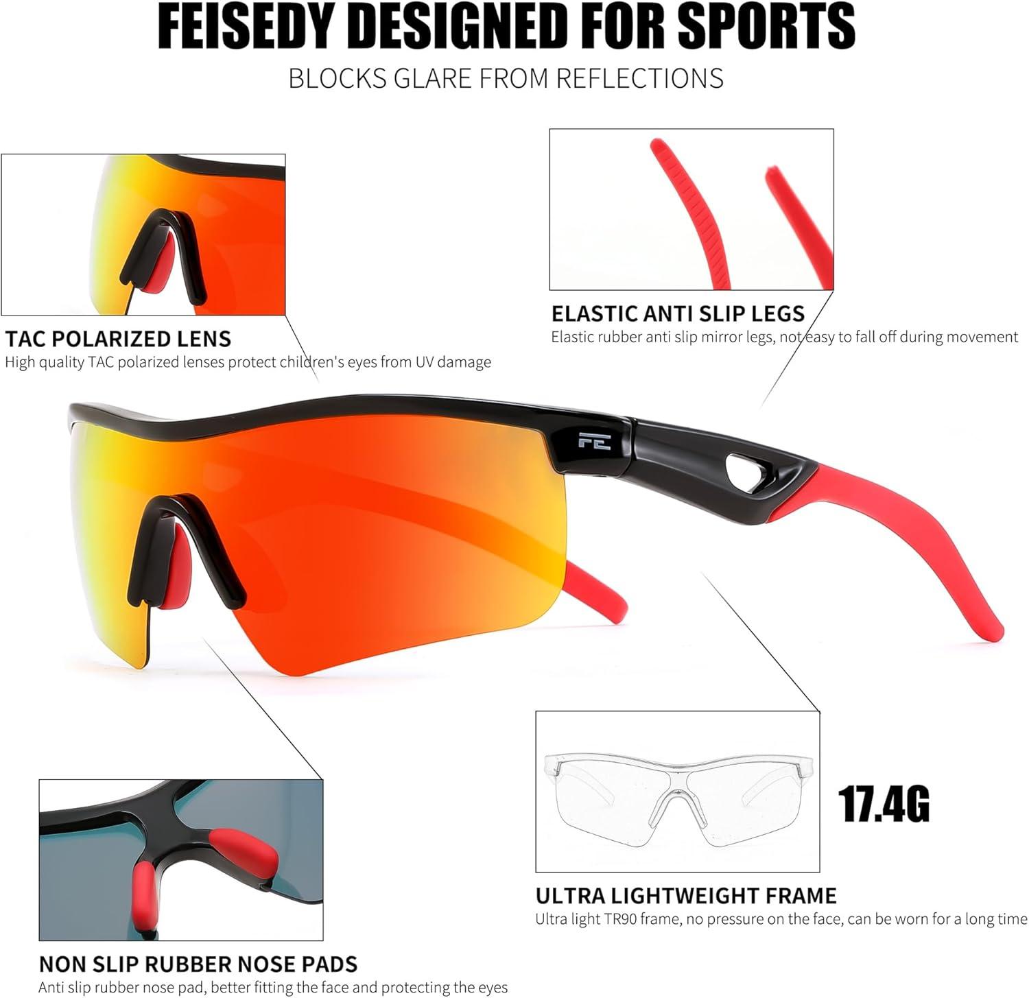 image:imageFEISEDY Kids Teens Baseball Polarized Sunglasses Sports TR90 Frame Boys Girls Cycling B2454Blackred