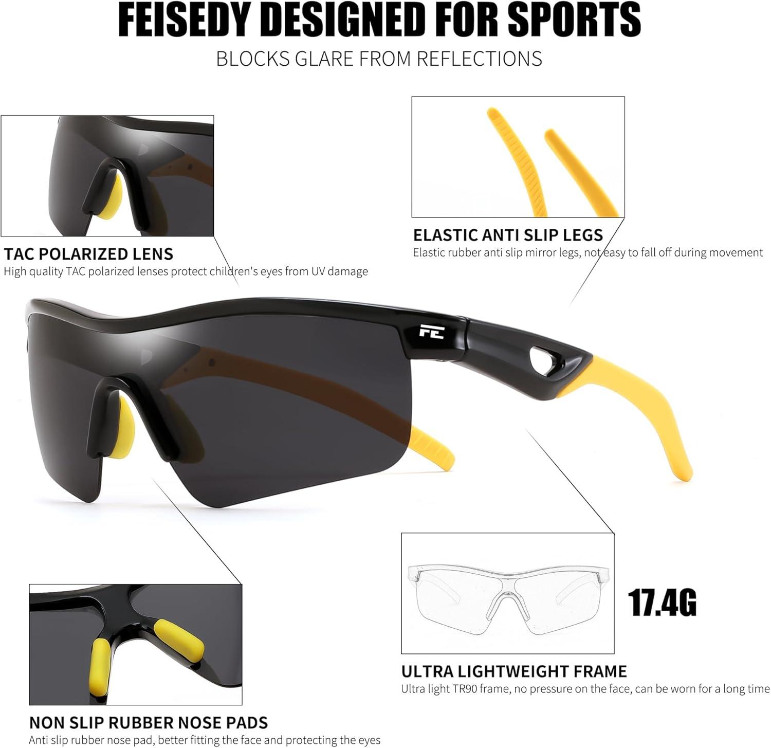 image:imageFEISEDY Kids Teens Baseball Polarized Sunglasses Sports TR90 Frame Boys Girls Cycling B2454Blackyellow