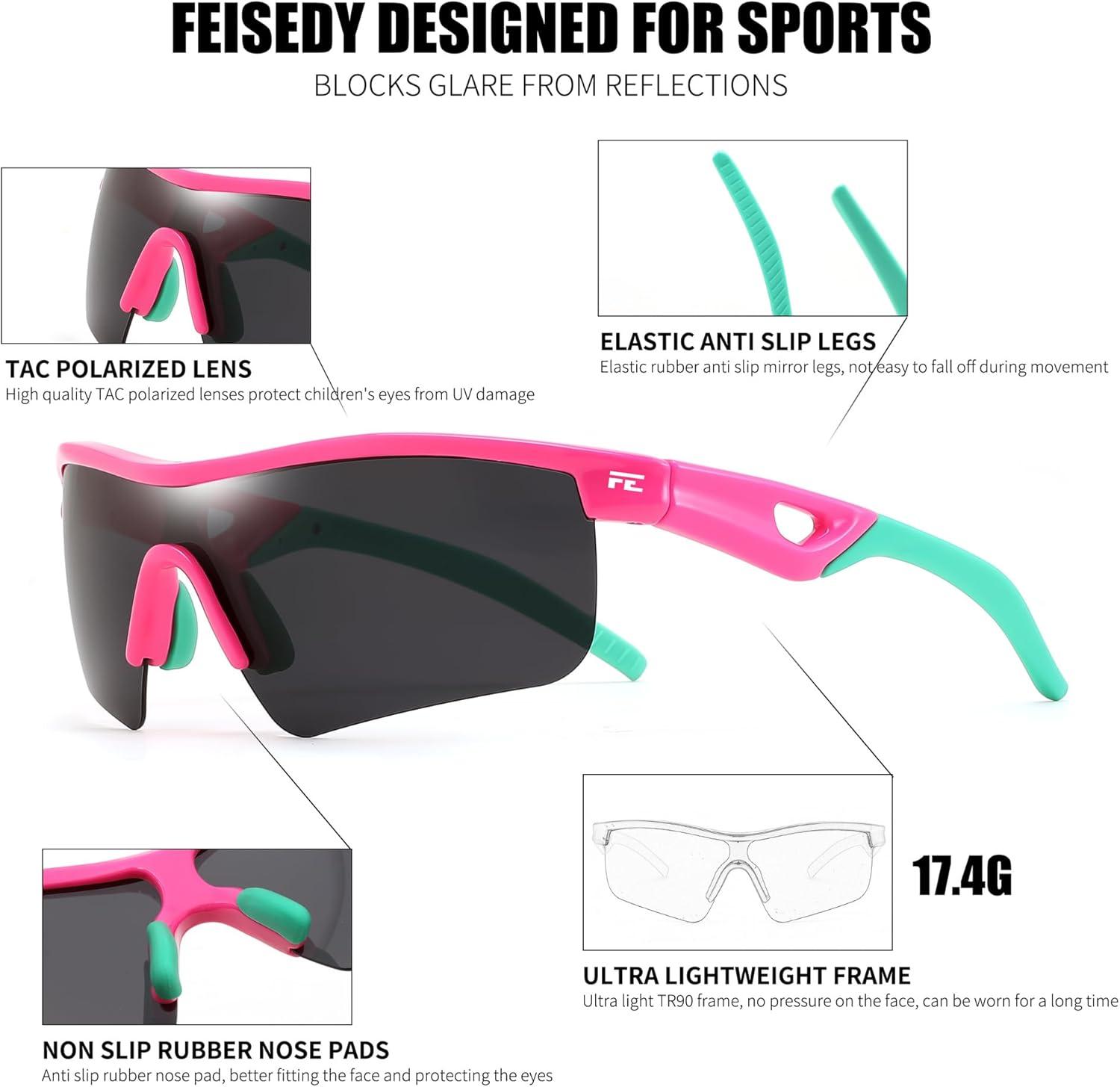 image:imageFEISEDY Kids Teens Baseball Polarized Sunglasses Sports TR90 Frame Boys Girls Cycling B2454Pink