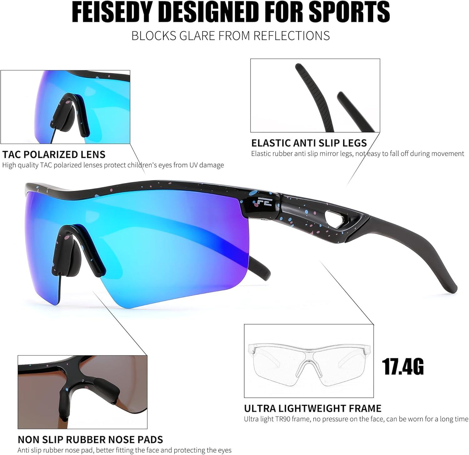 image:imageFEISEDY Kids Teens Baseball Polarized Sunglasses Sports TR90 Frame Boys Girls Cycling B2454Spot Blackblue