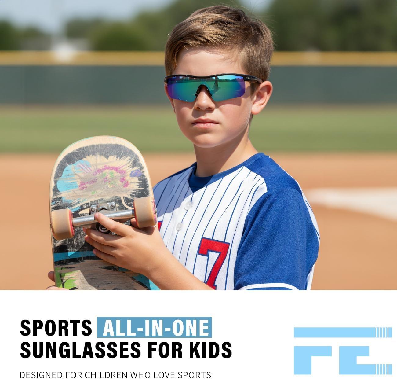 image:imageFEISEDY Kids Teens Baseball Polarized Sunglasses Sports TR90 Frame Boys Girls Cycling B2454Spot Blackblue