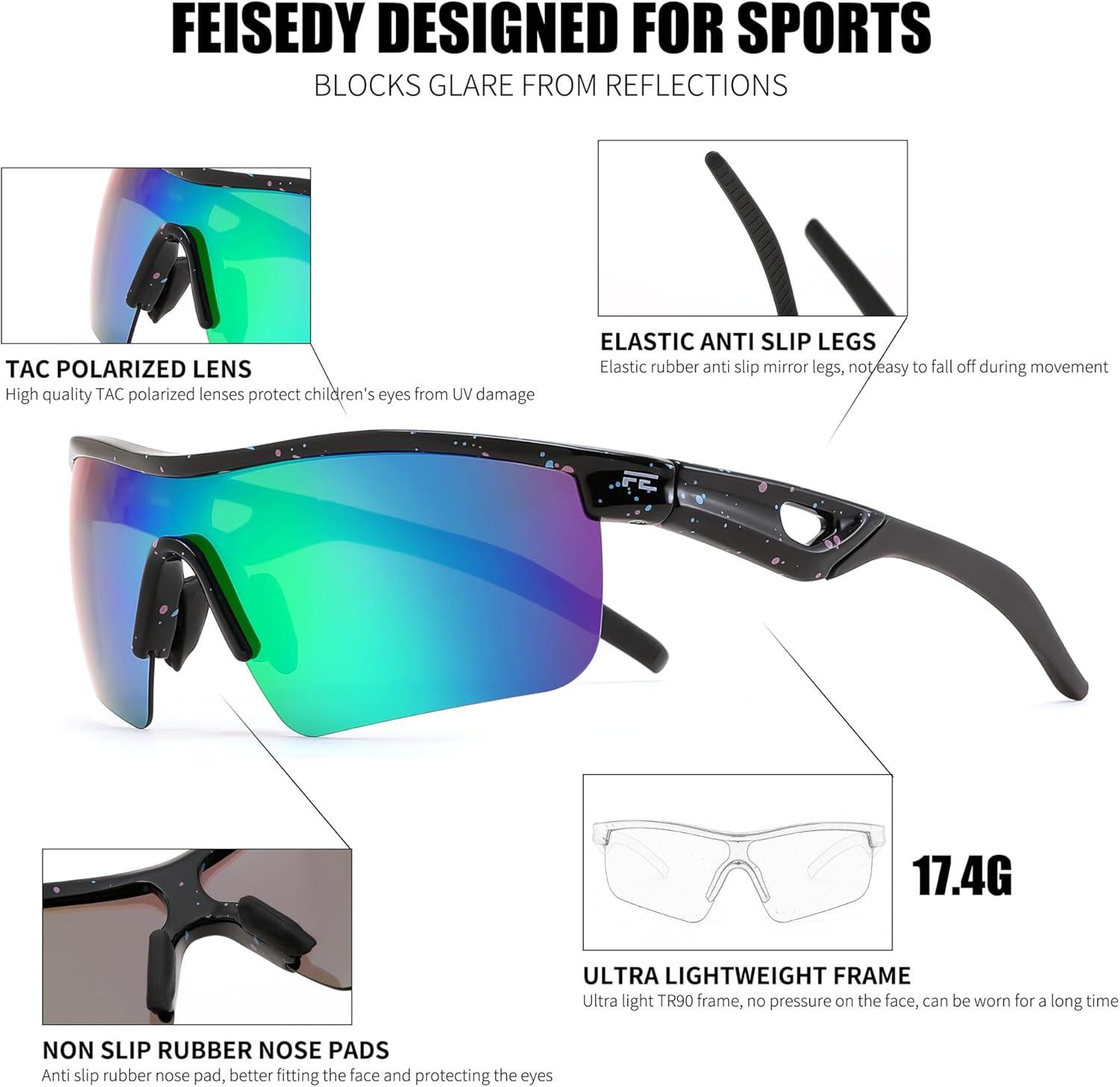 image:imageFEISEDY Kids Teens Baseball Polarized Sunglasses Sports TR90 Frame Boys Girls Cycling B2454Spot Blackgreen