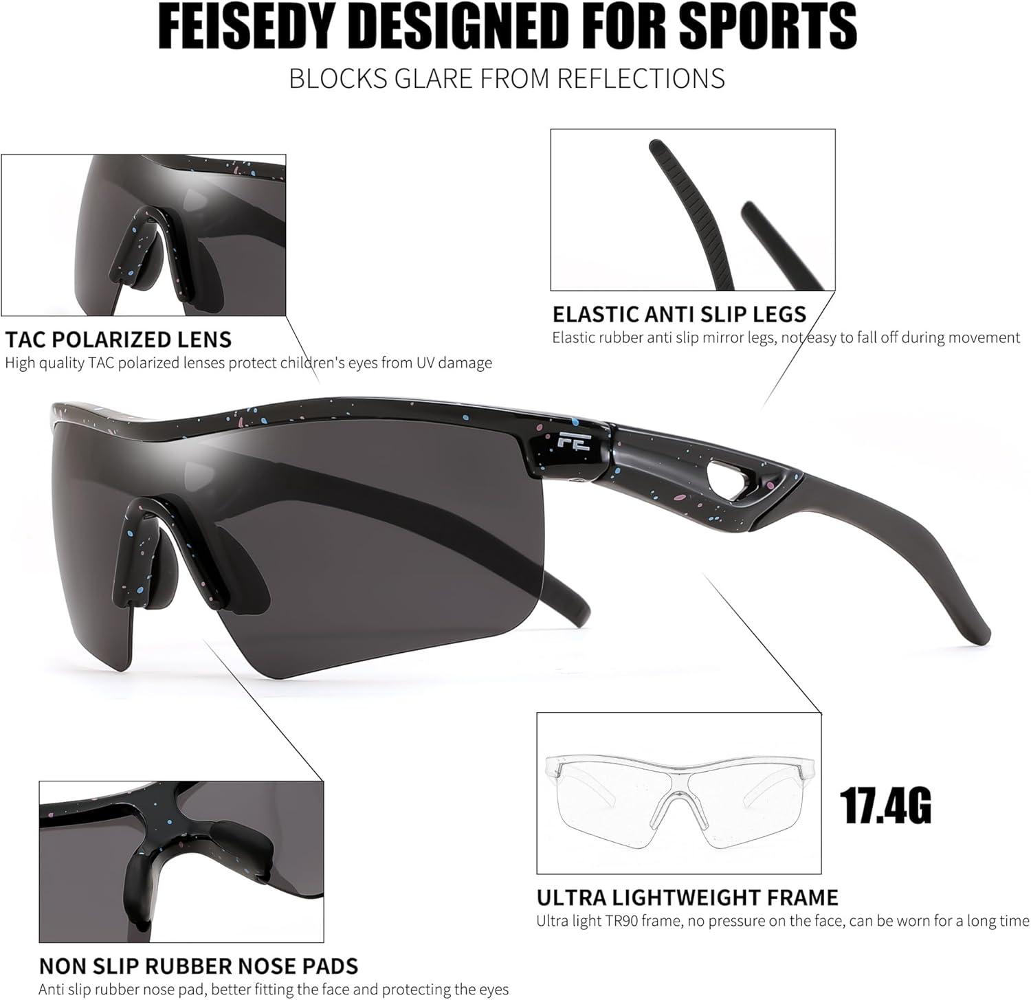 image:imageFEISEDY Kids Teens Baseball Polarized Sunglasses Sports TR90 Frame Boys Girls Cycling B2454Spot Blackgrey