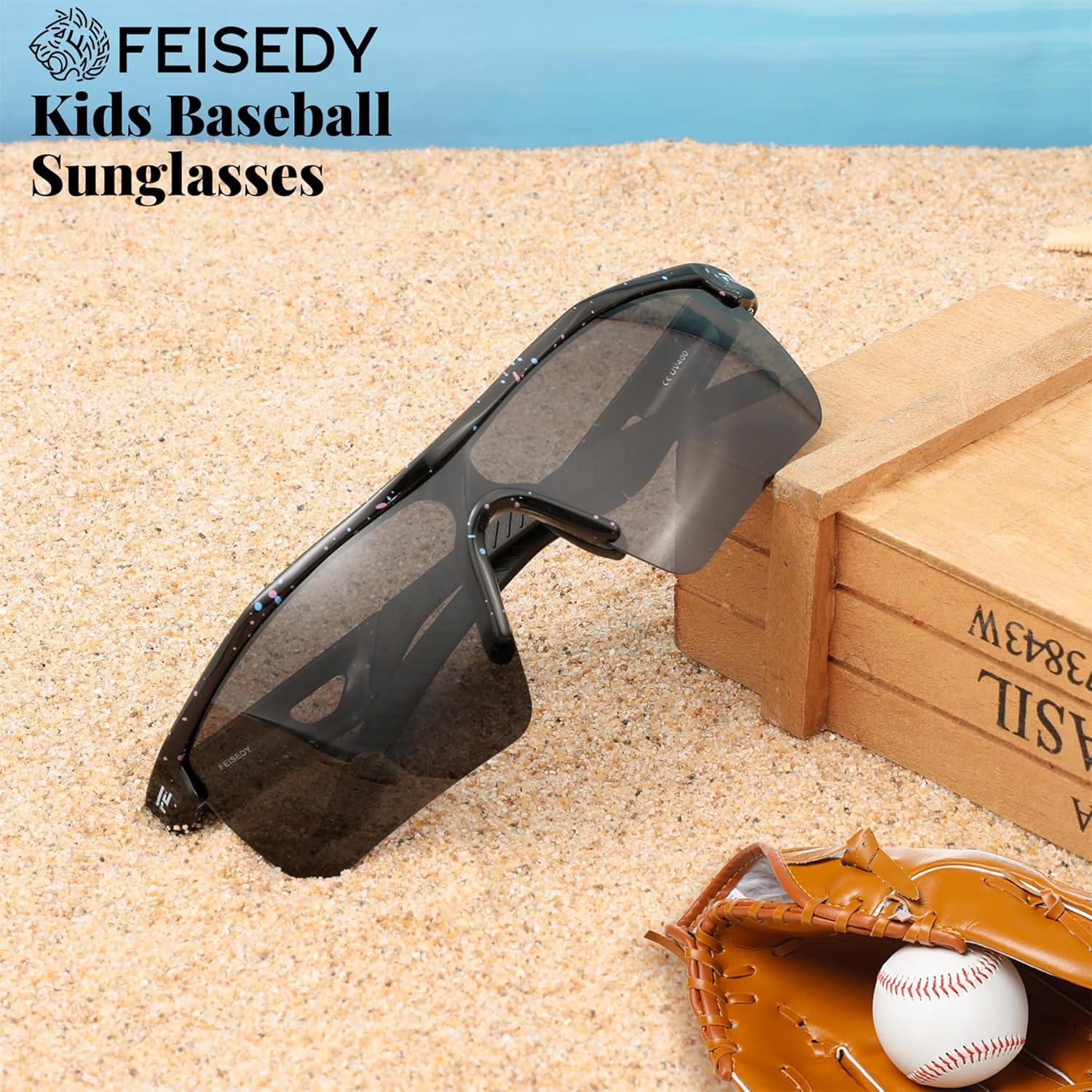 image:imageFEISEDY Kids Teens Baseball Polarized Sunglasses Sports TR90 Frame Boys Girls Cycling B2454Spot Blackgrey