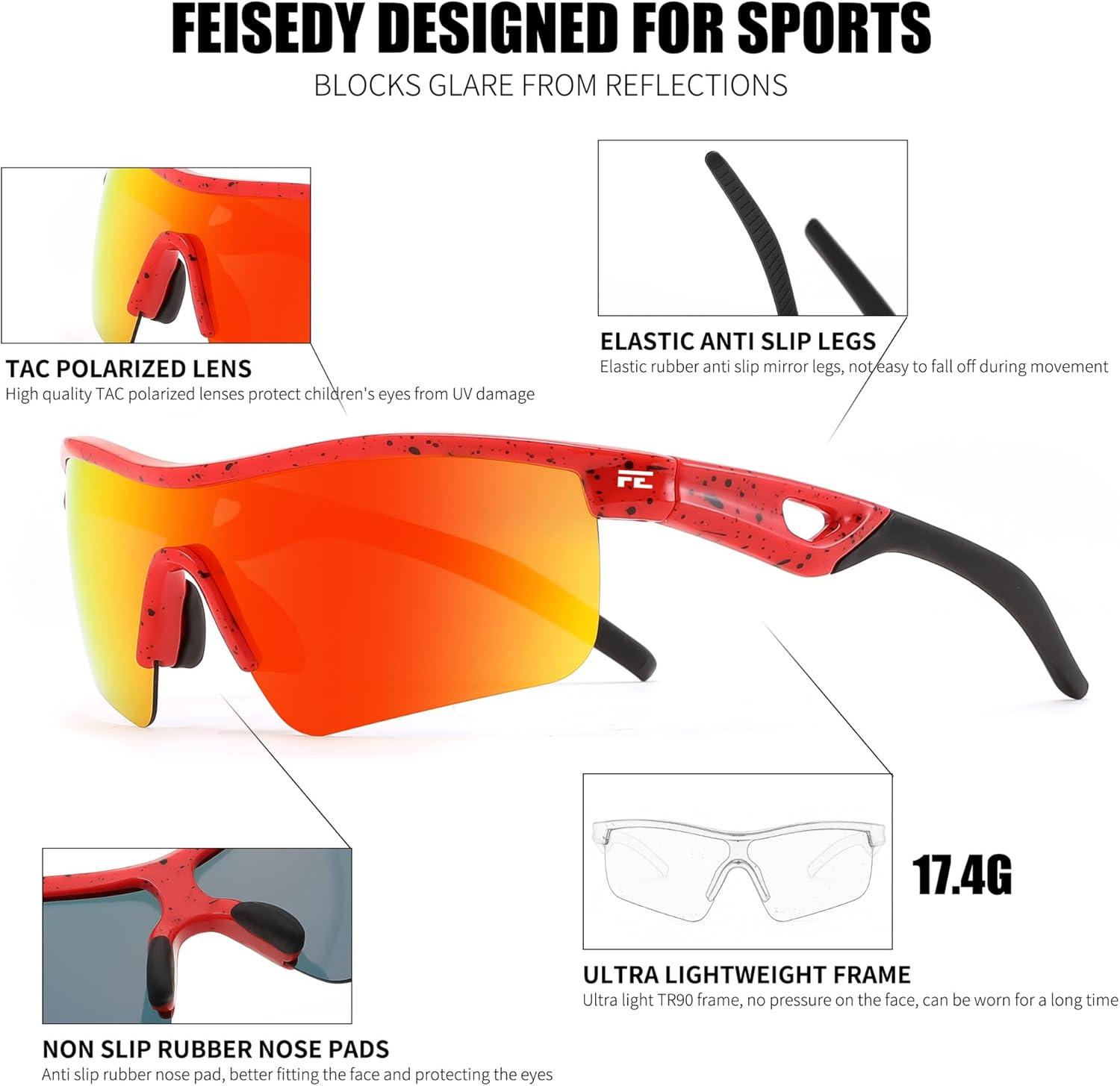 image:imageFEISEDY Kids Teens Baseball Polarized Sunglasses Sports TR90 Frame Boys Girls Cycling B2454Spot Red