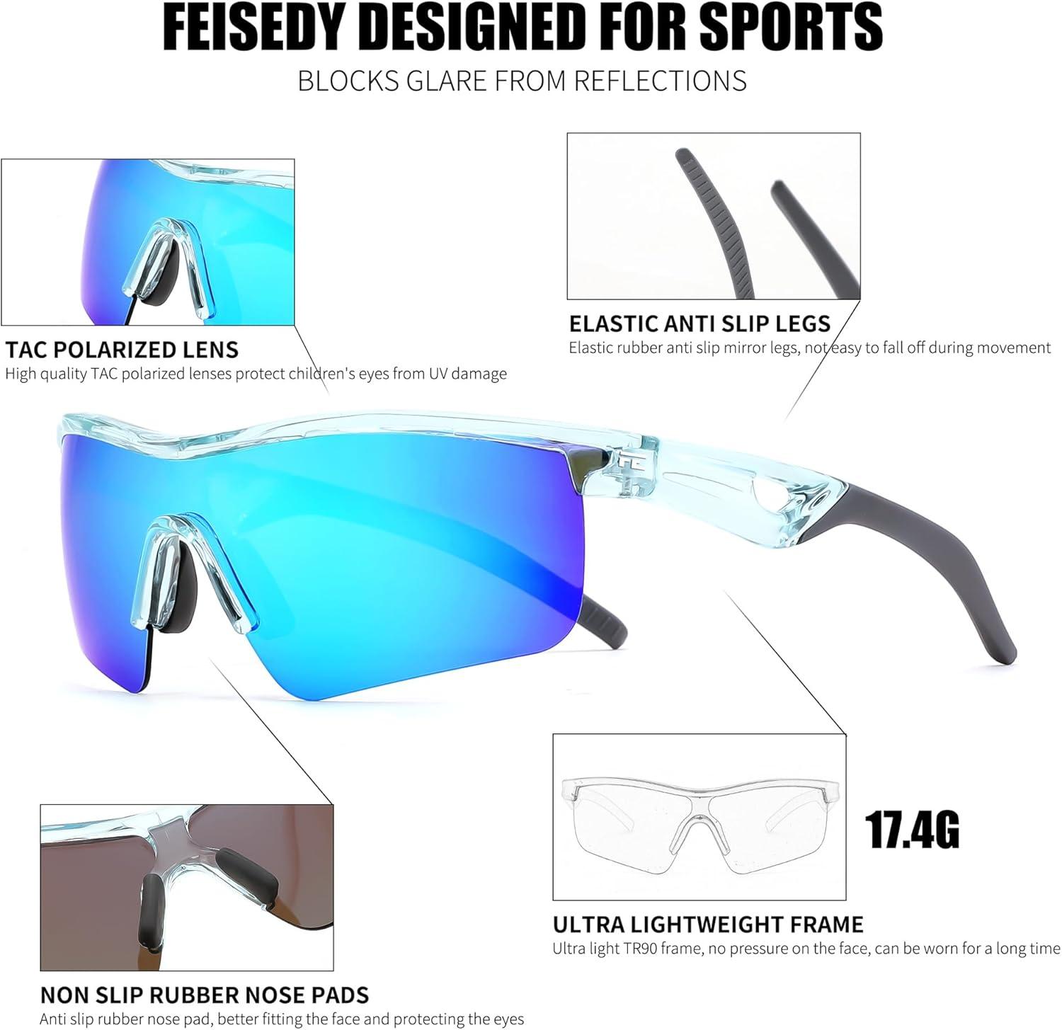 image:imageFEISEDY Kids Teens Baseball Polarized Sunglasses Sports TR90 Frame Boys Girls Cycling B2454Transparent Blueblue