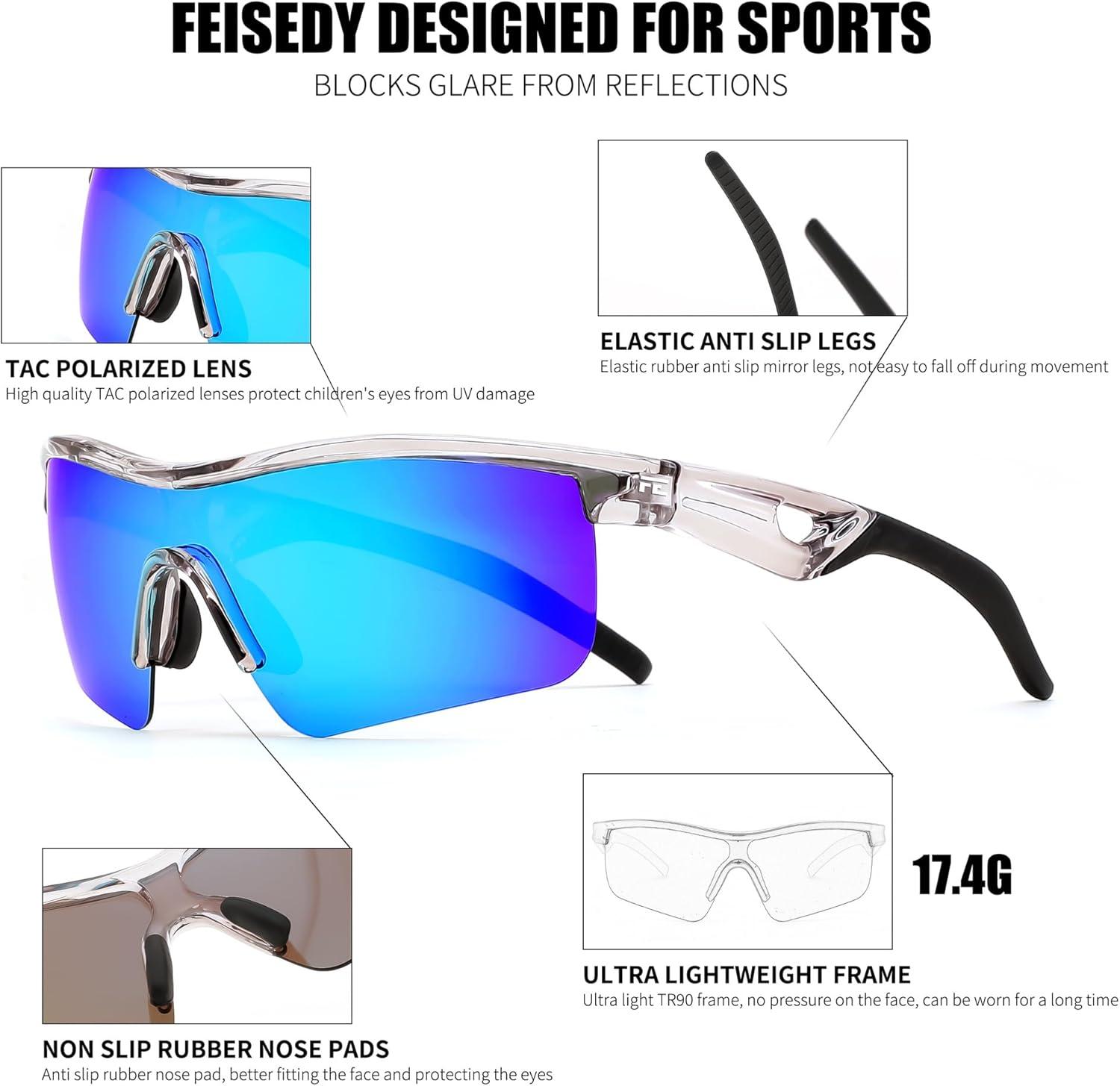 image:imageFEISEDY Kids Teens Baseball Polarized Sunglasses Sports TR90 Frame Boys Girls Cycling B2454Transparent Grayblue