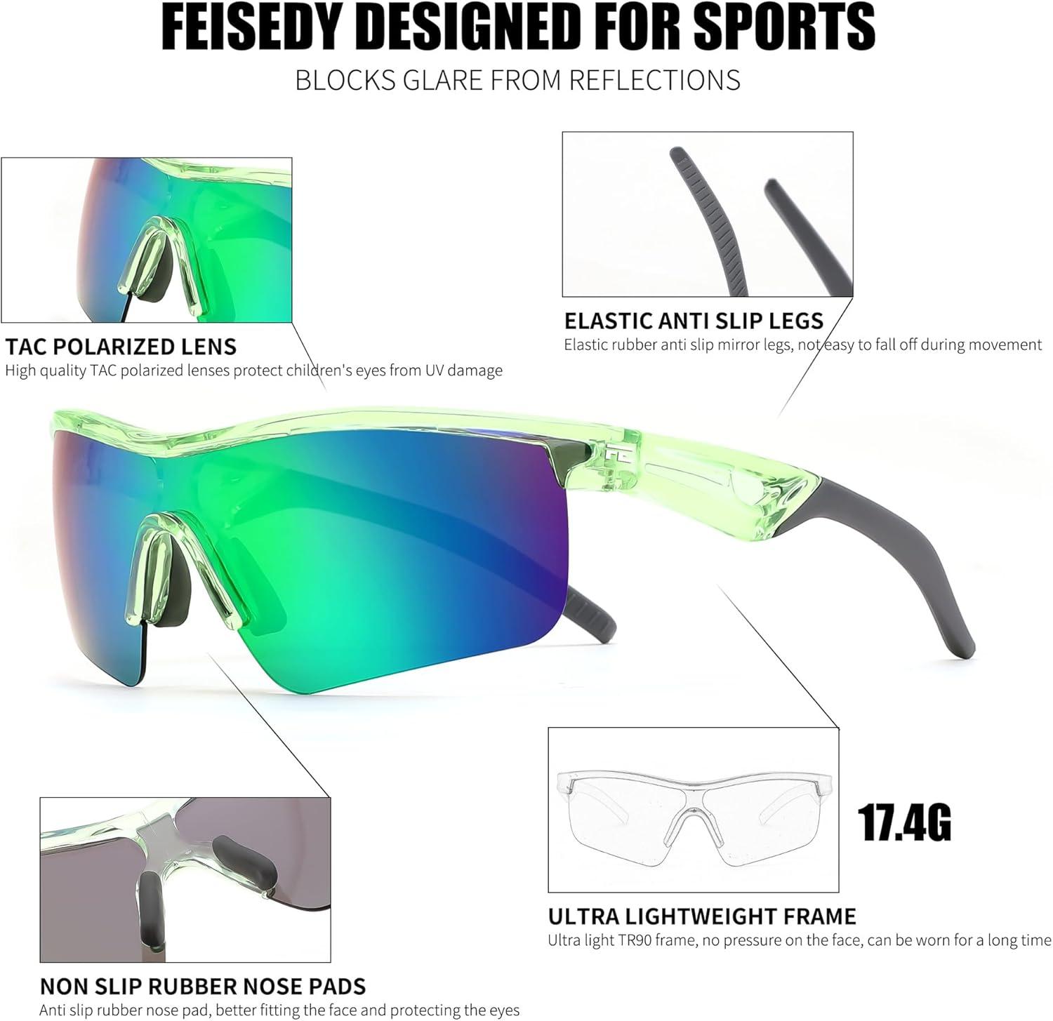 image:imageFEISEDY Kids Teens Baseball Polarized Sunglasses Sports TR90 Frame Boys Girls Cycling B2454Transparent Greengreen