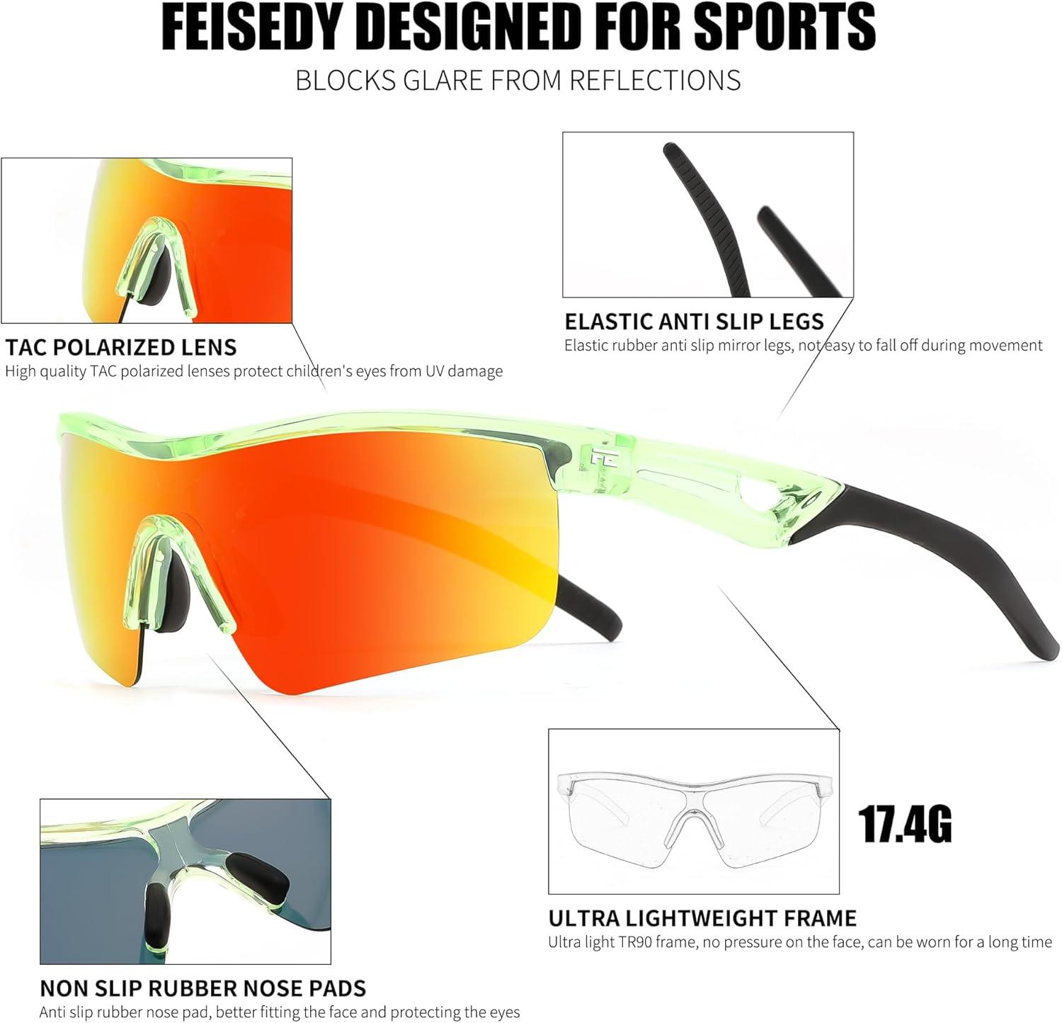 image:imageFEISEDY Kids Teens Baseball Polarized Sunglasses Sports TR90 Frame Boys Girls Cycling B2454Transparent Greenred
