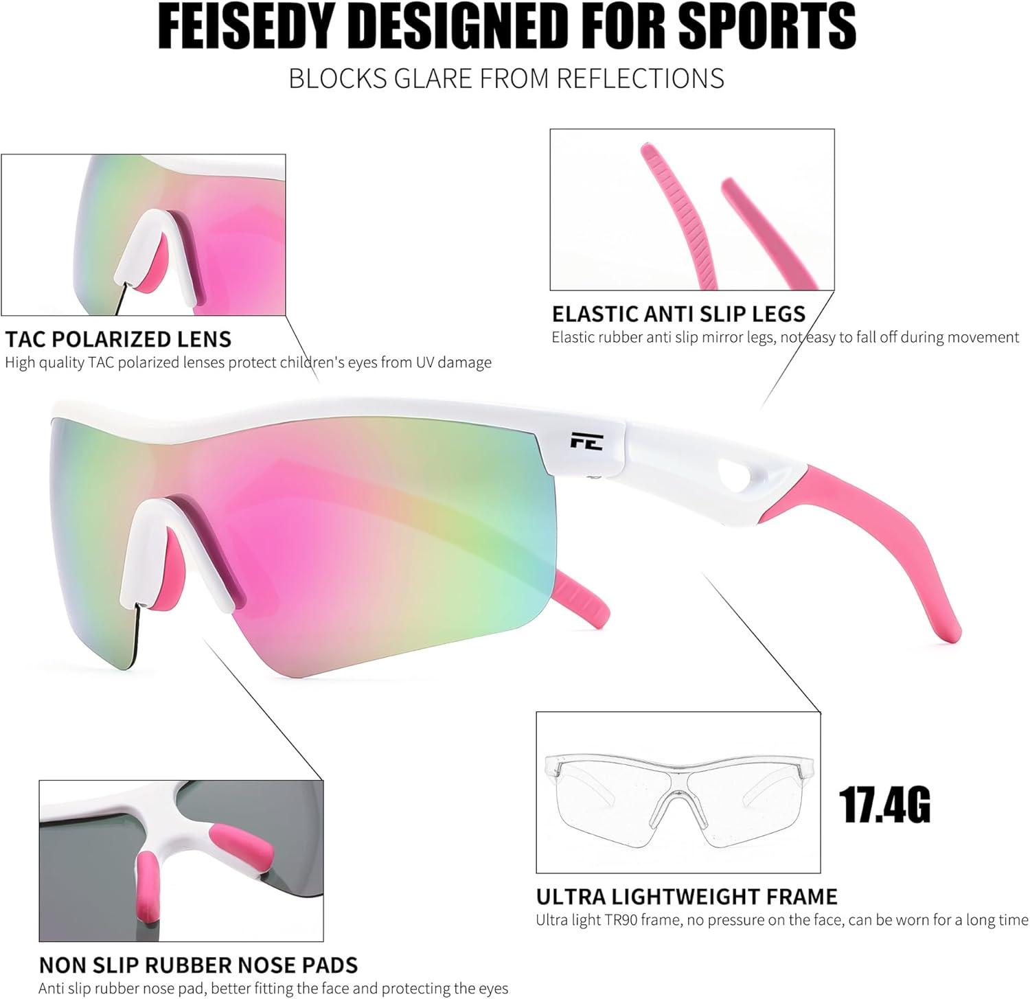 image:imageFEISEDY Kids Teens Baseball Polarized Sunglasses Sports TR90 Frame Boys Girls Cycling B2454White Pink