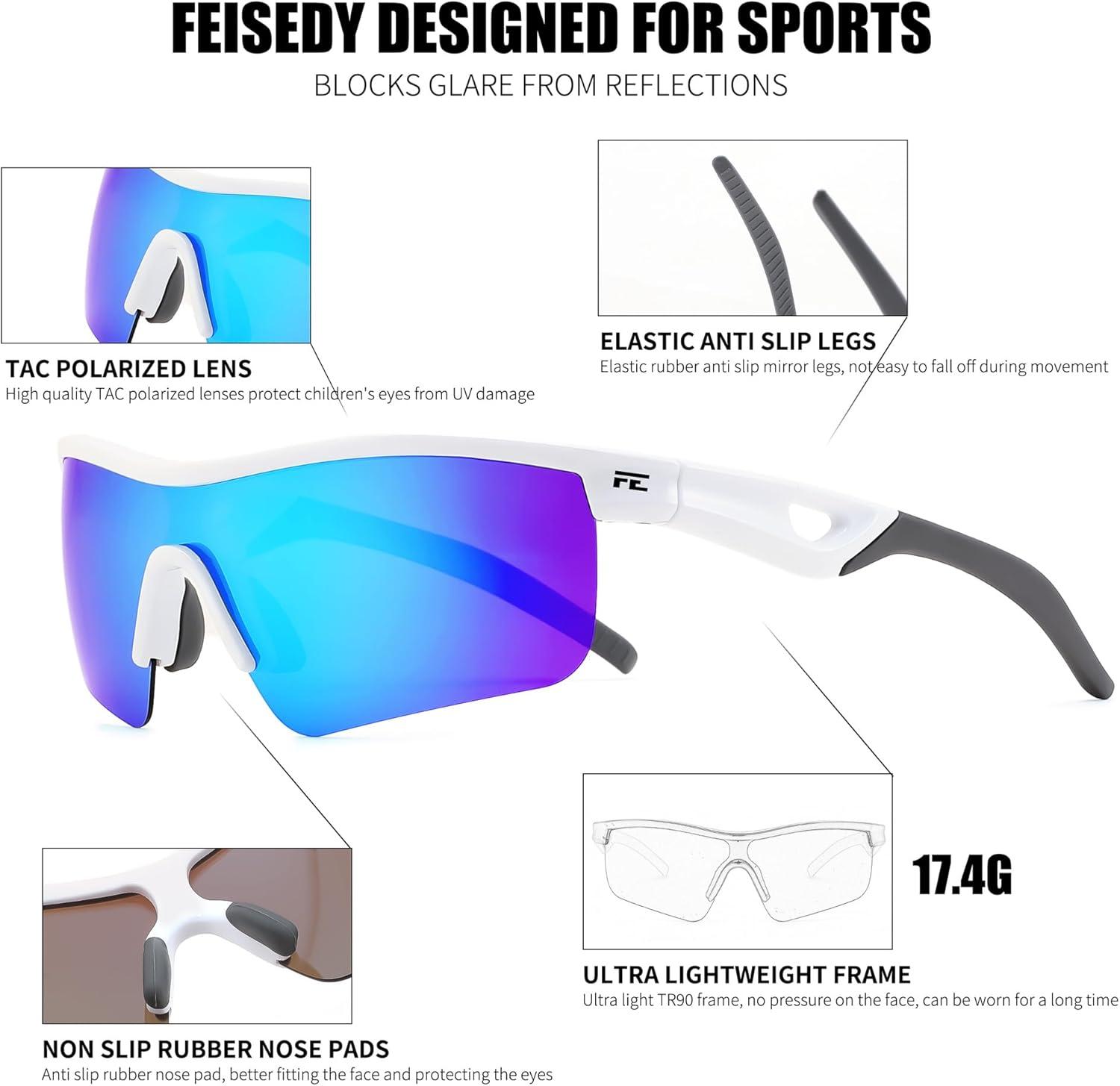 image:imageFEISEDY Kids Teens Baseball Polarized Sunglasses Sports TR90 Frame Boys Girls Cycling B2454Whiteblue