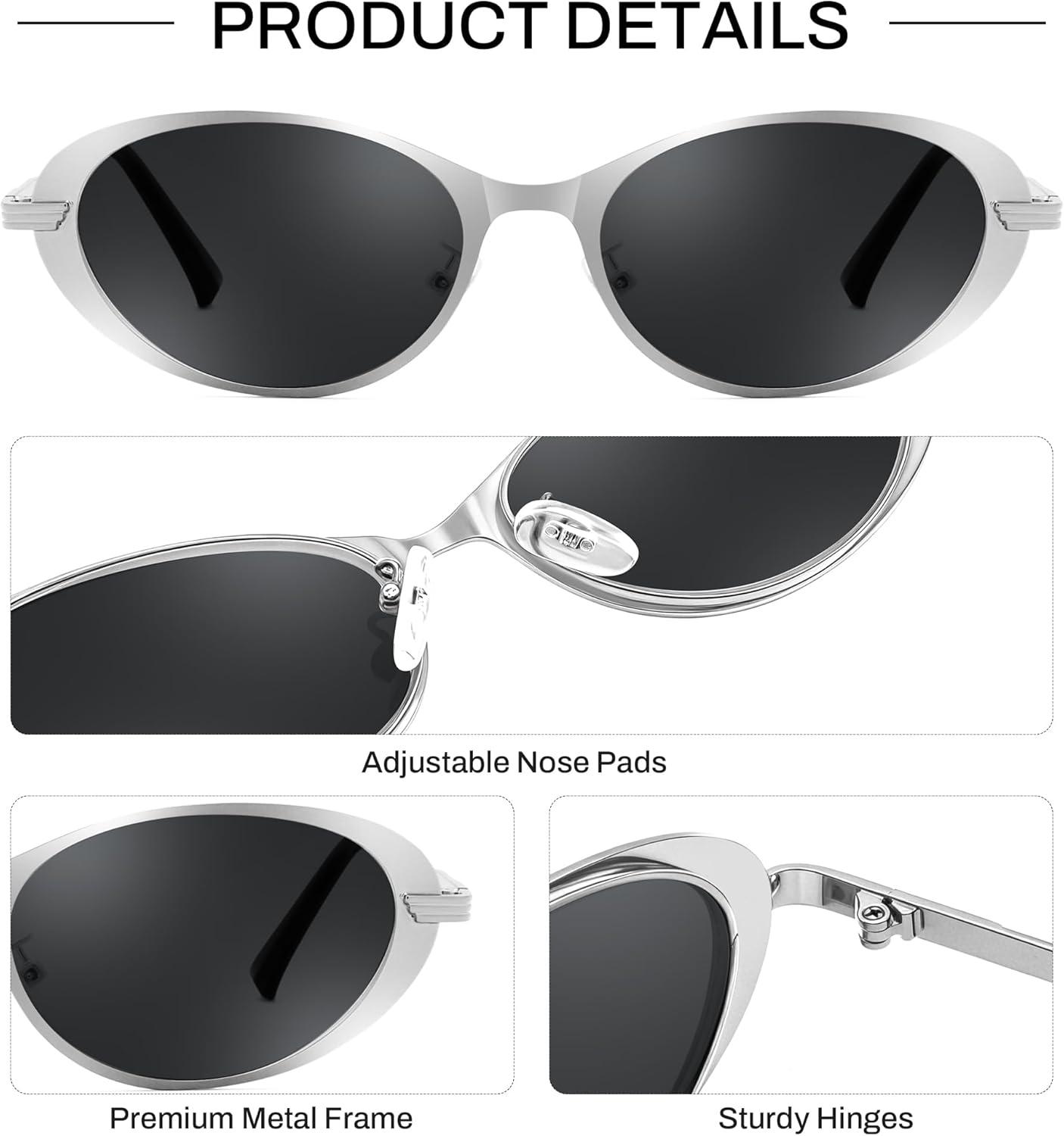 image:imageFEISEDY Metal Oval Sunglasses UV400 Protection for Women and Men Classic Retro Trendy Suitable for Driving Fishing B0429Silver Frame Grey Lens