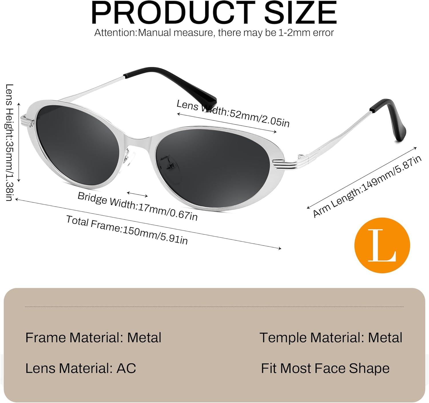 image:imageFEISEDY Metal Oval Sunglasses UV400 Protection for Women and Men Classic Retro Trendy Suitable for Driving Fishing B0429Silver Frame Grey Lens
